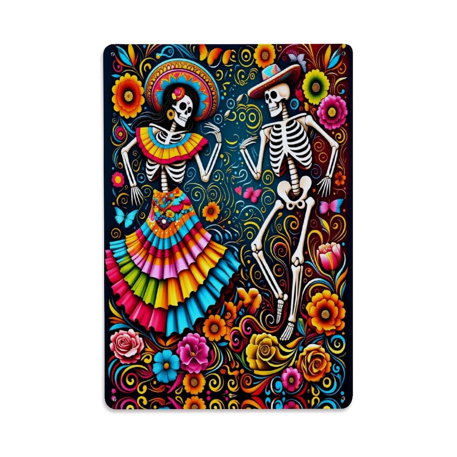 Enderetf Vintage Colorful Skeletons Dancing Flowers Pattern Tin Sign Metal Poster, Home Bar Garage Man Cave Cafe Indoor & Outdoor Wall Decoration 8X12inches