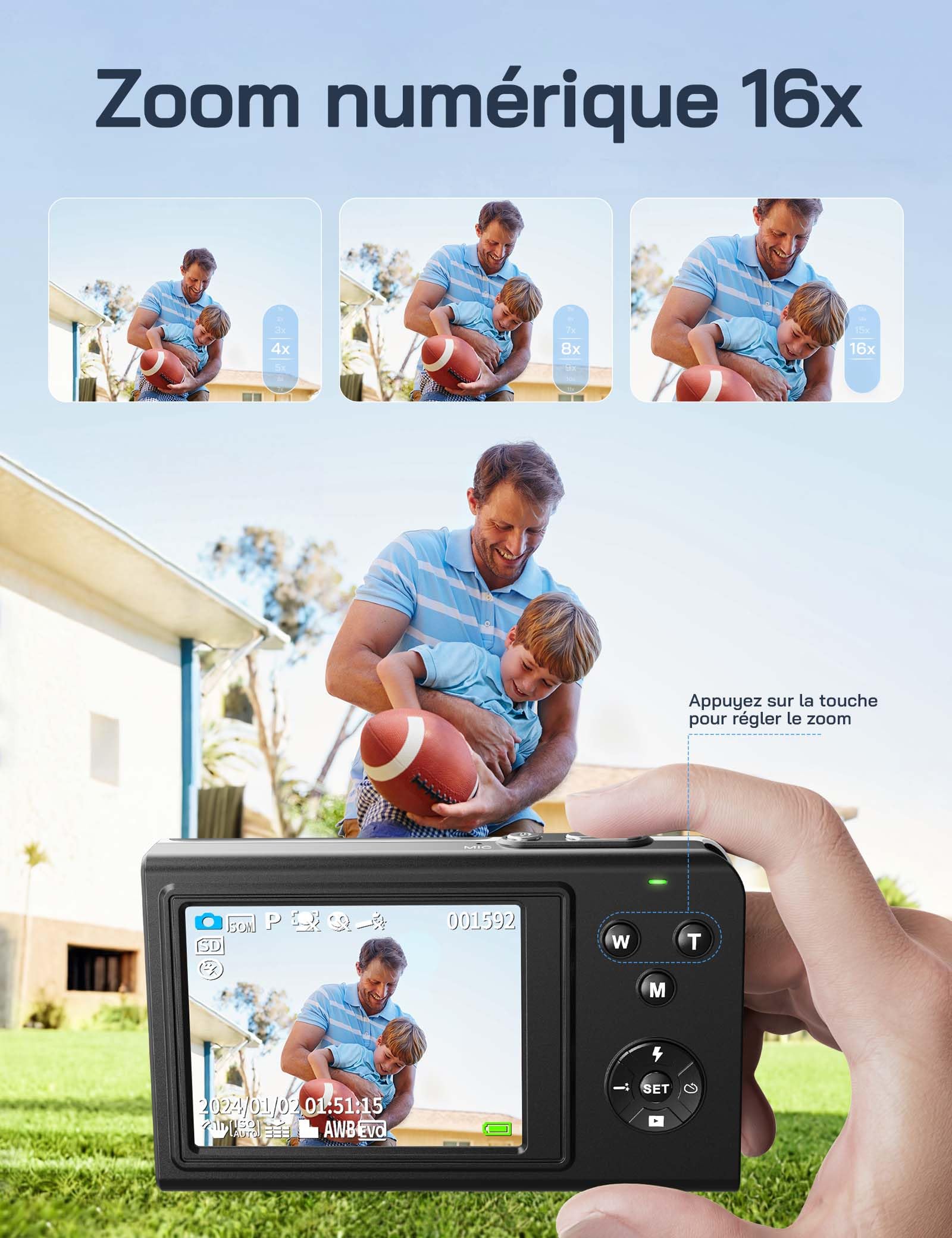 WOLFANG Appareil Photo numérique, caméra 4K pour Enfants, compacte 56 MP, vidéo Zoom numérique 16X, Point de Mise au Point Automatique et Appareil Photo numérique, Cadeau