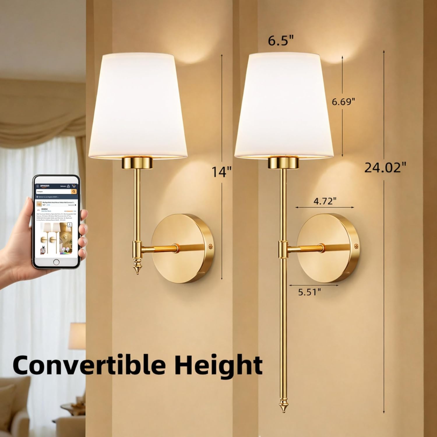 Wall Sconces Battery Operated Set of 2, Rechargeable Wall Sconce, 10 Colors Wireless Wall Sconces Set of Two, 5200mAh Dimmable Bulbs and Remote, for Bedroom Living Room, Hallway Decor (Gold - 24 inch)