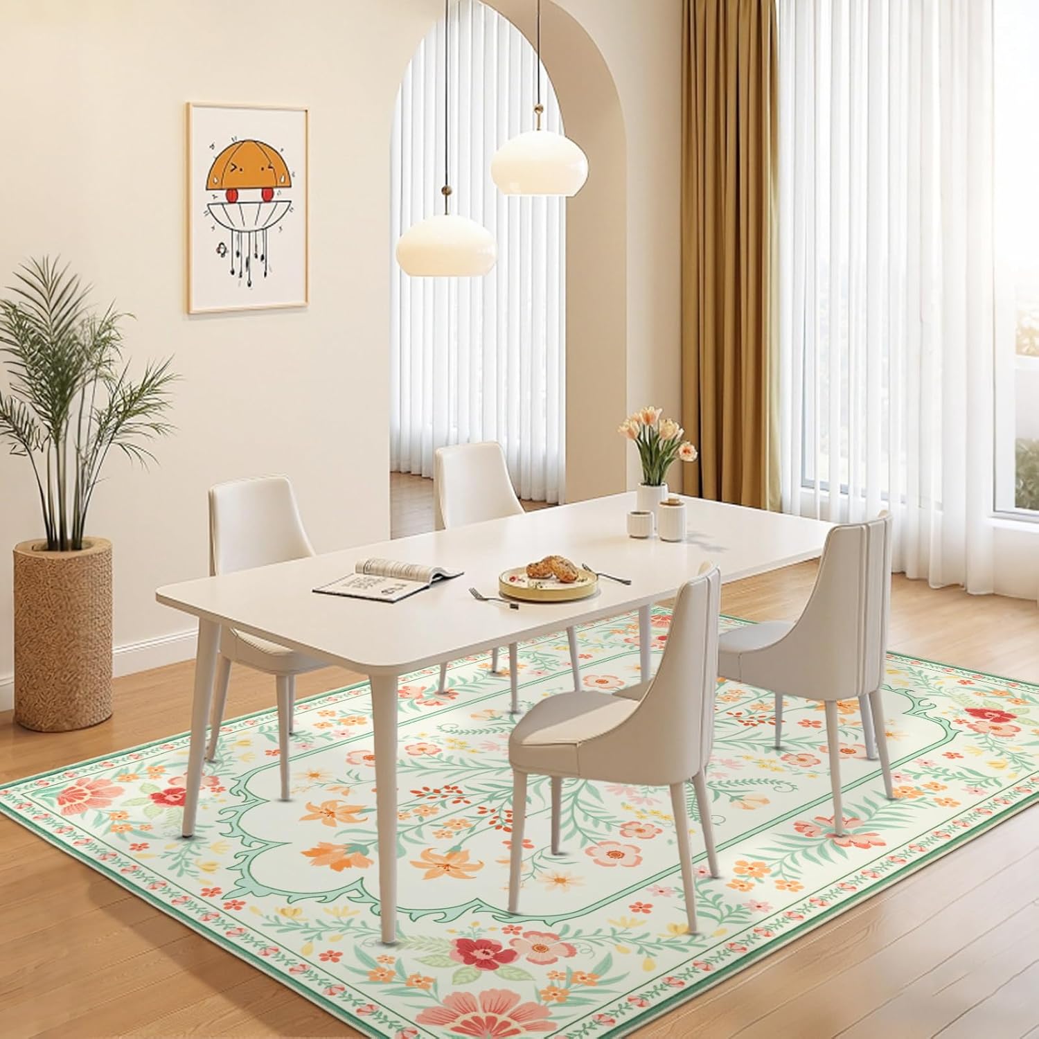 Instellar 4x6 Floral Area Rug - Washable Non-Slip Low-Pile Floral Pattern Rug for Bedroom Living Room Kitchen (Green)