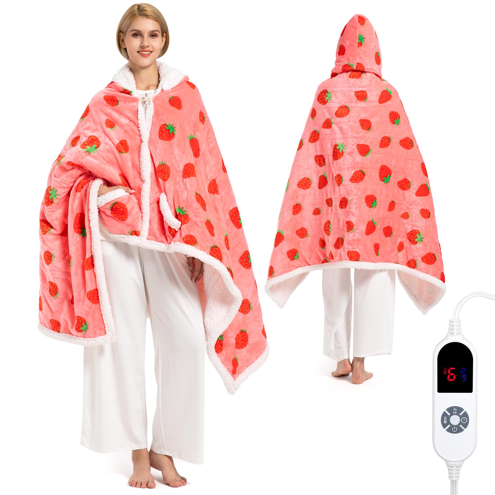 Wearable Heated Blanket Hoodie for Women, Christmas Birthday Gift for Wife, Electric Throw Blanket with Pocket, Heated Shawl Wraps Poncho for Mom, 3 Heat Levels & Timer, ETL Safe, Strawberry Red