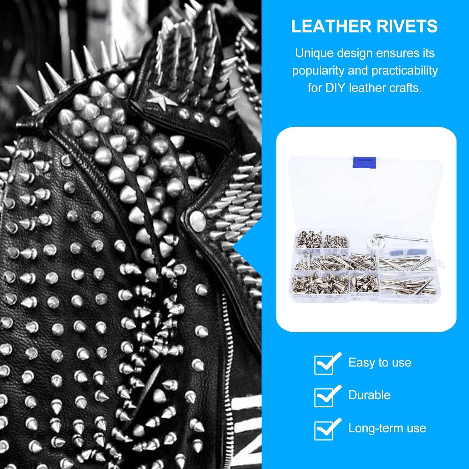 SHERCHPRY 100 Sets Leather Rivets and Cone Spike Studs DIY Leathercraft Repair Kit for Belt and Bag Decoration, 4 Sizes Metal Rivet Kit for Leatherworking Supplies