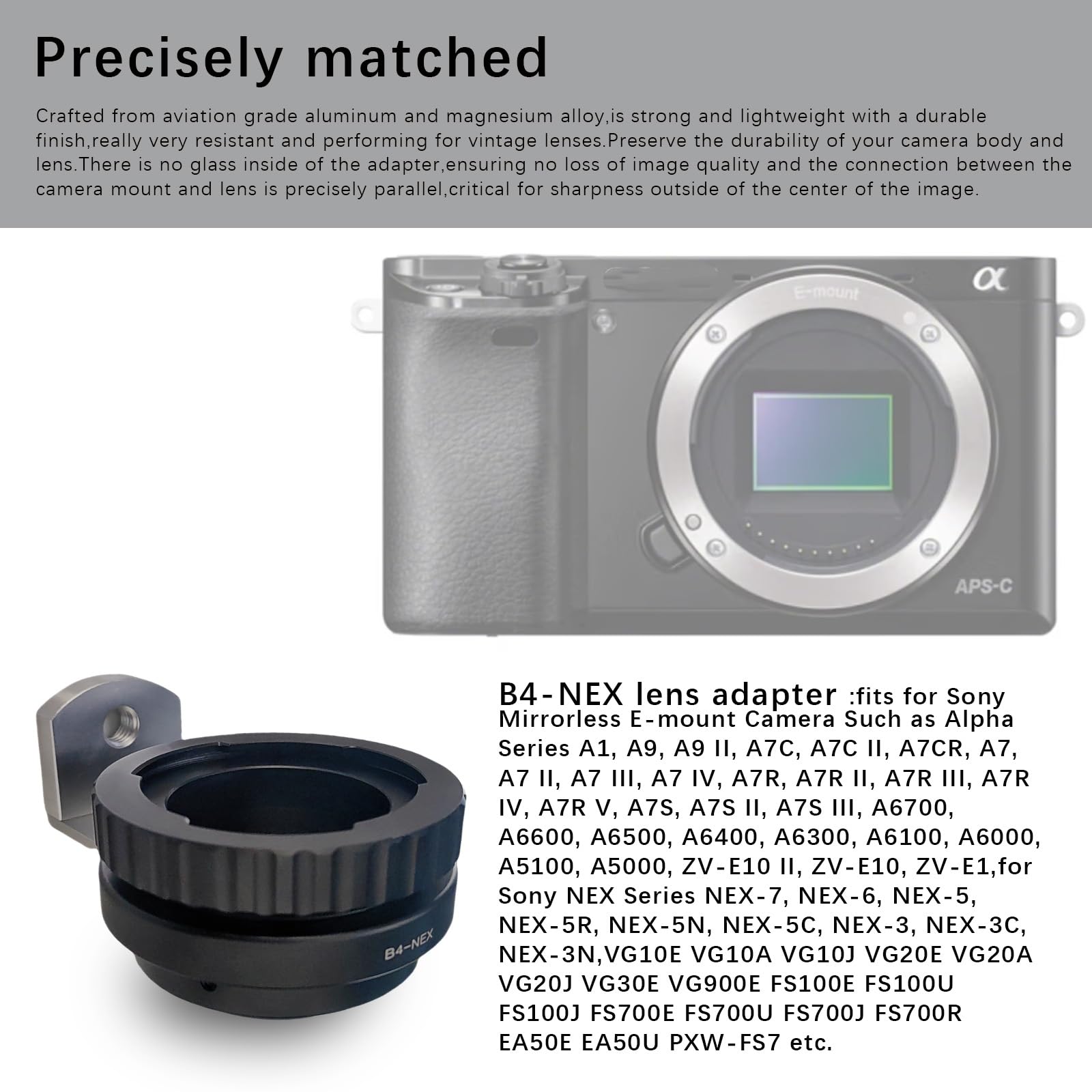 B4-NEX - Adattatore per obiettivo B4 2/3", compatibile con fotocamera Alpha E-Mount a7,a7S,a7II,NEX-3 NEX-5,NEX-C3,NEX-5N,NEX-7,NEX-F3,NEX-5R,NEX-6,B4 to NEX con treppiede