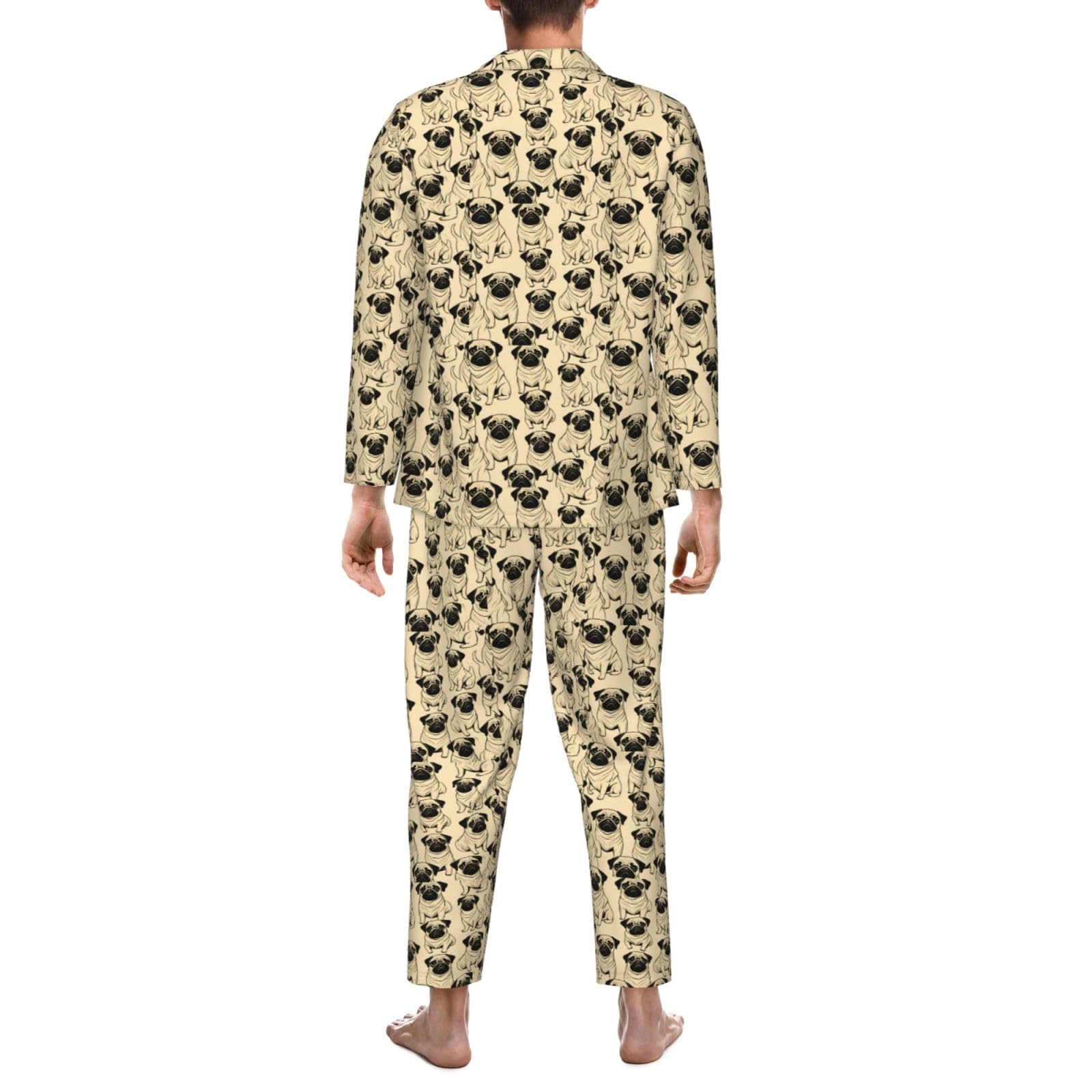 Herren-Pyjama-Set, langärmelig, mit niedlichem Mops-Aufdruck, zweiteilig, bequeme Nachtwäsche
