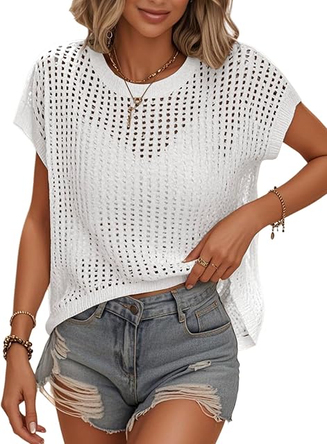 Femmes Été Crochet Tops Couvrez Cap Manche Hollow Out Tank Top Pullover Chandail Mesh Knit Plage Vêtements de vacances