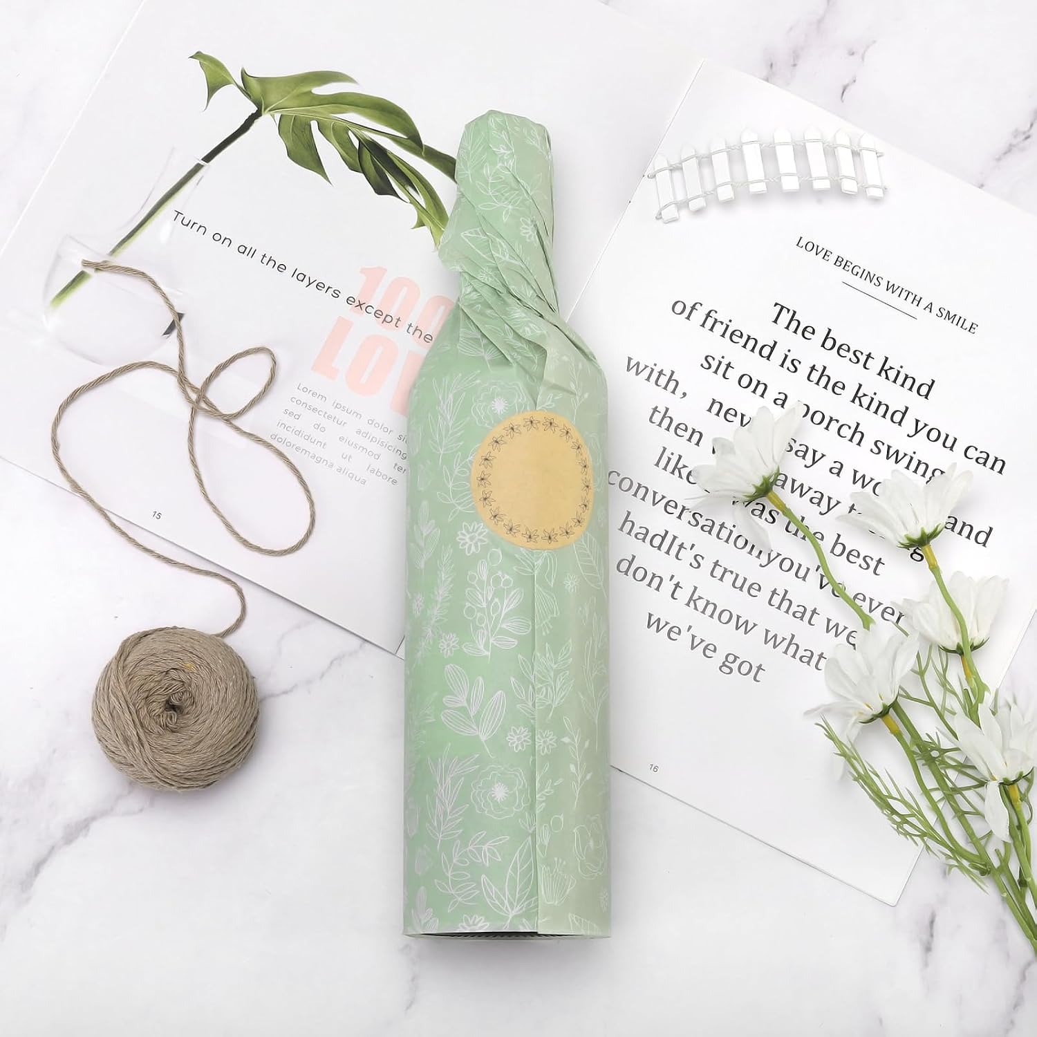 Linbystore 60 Sheets Sage Green Wildflowers Tissue Paper, Botanical Green White Floral Printed Tissue Paper for Boho Themed Birthday Wedding Baby Shower DIY Craft