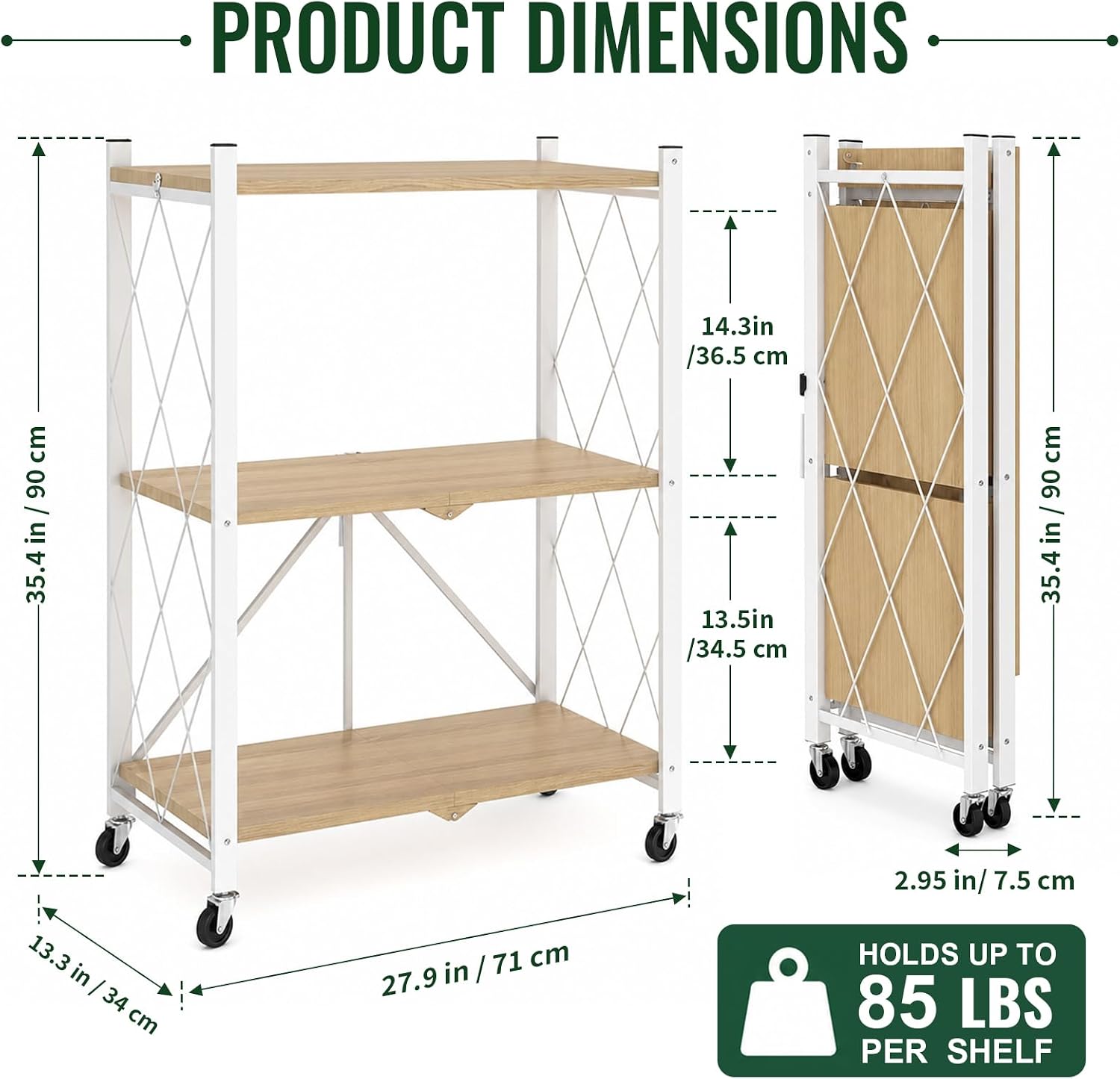 black leopard 3-Tier Foldable Shelf with Wheels, Wood-Grain Steel Shelves | Pre-assembled frame unfolds in seconds with tool-free wheel setup for fast, convenient use.