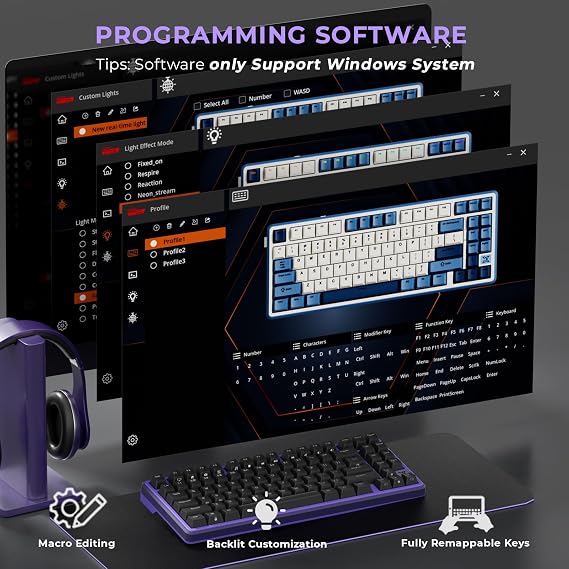 RK ROYAL KLUDGE X87 Mechanical Keyboard 75% Wired Keyboard Gaming with 86 Keys, Gasket Mount, Ice-Blue Backlight, Purple Shell Design, Software Support, Hot-Swappable Creamy Switch Black