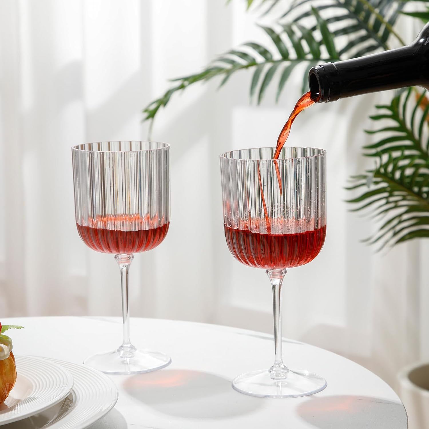 12 Pack Plastic Ribbed Wine Glasses With Stem 11 oz Goblet Detachable Wine Glass Disposable Champagne Cups Vintage Style for Wedding Anniversary Birthday Dinner Parties (Clear) - Image 3