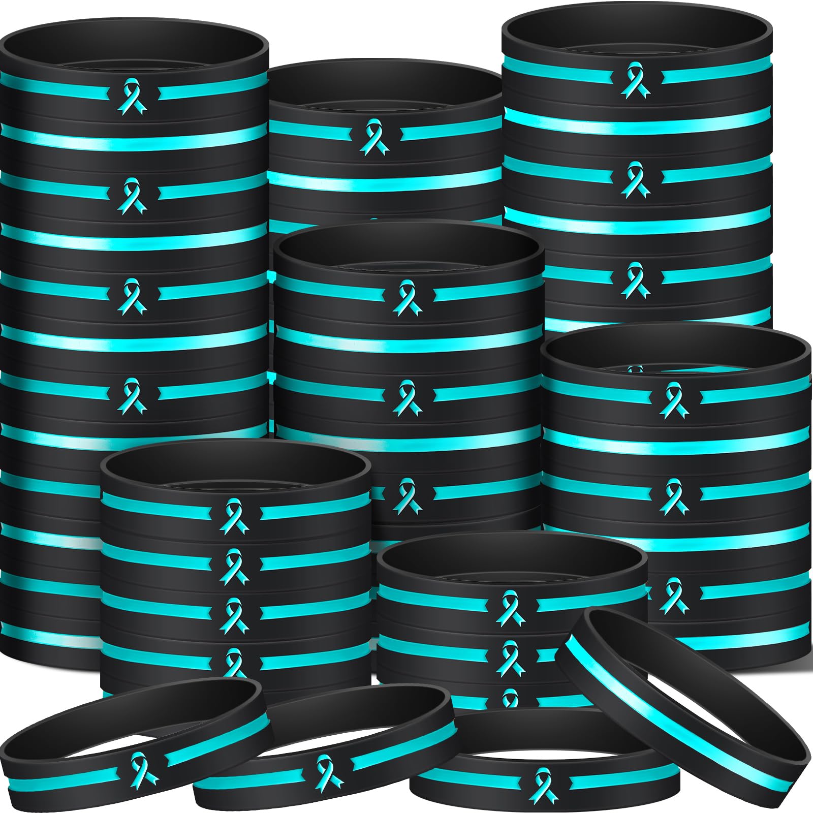 Hiboom 100 Pcs Ovarian Cancer Awareness Silicone Bracelets, Teal Ribbon Rubber Wristbands Bulk, Healthcare Awareness Gifts for Cervical Cancer &amp; PTSD Support, Social Charity Event Pack