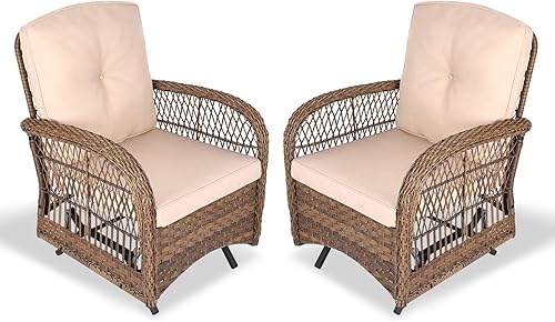 VIVIJASON Silla mecedora de mimbre para exteriores, 2 piezas, sillas mecedoras de ratán para patio con cojines y marco de acero, muebles de mimbre