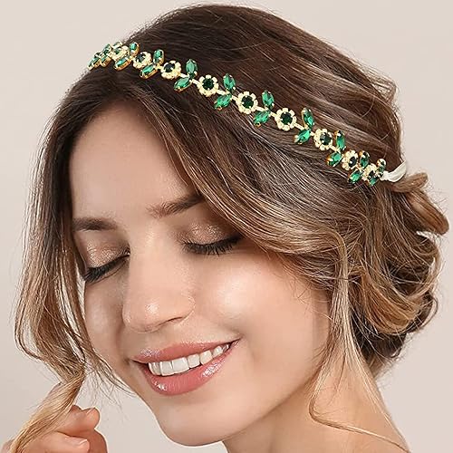 Miniatura 1 de Diadema de boda con diamantes de imitación de cristal verde, accesorios dorados para el cabello para novias y mujeres (verde)