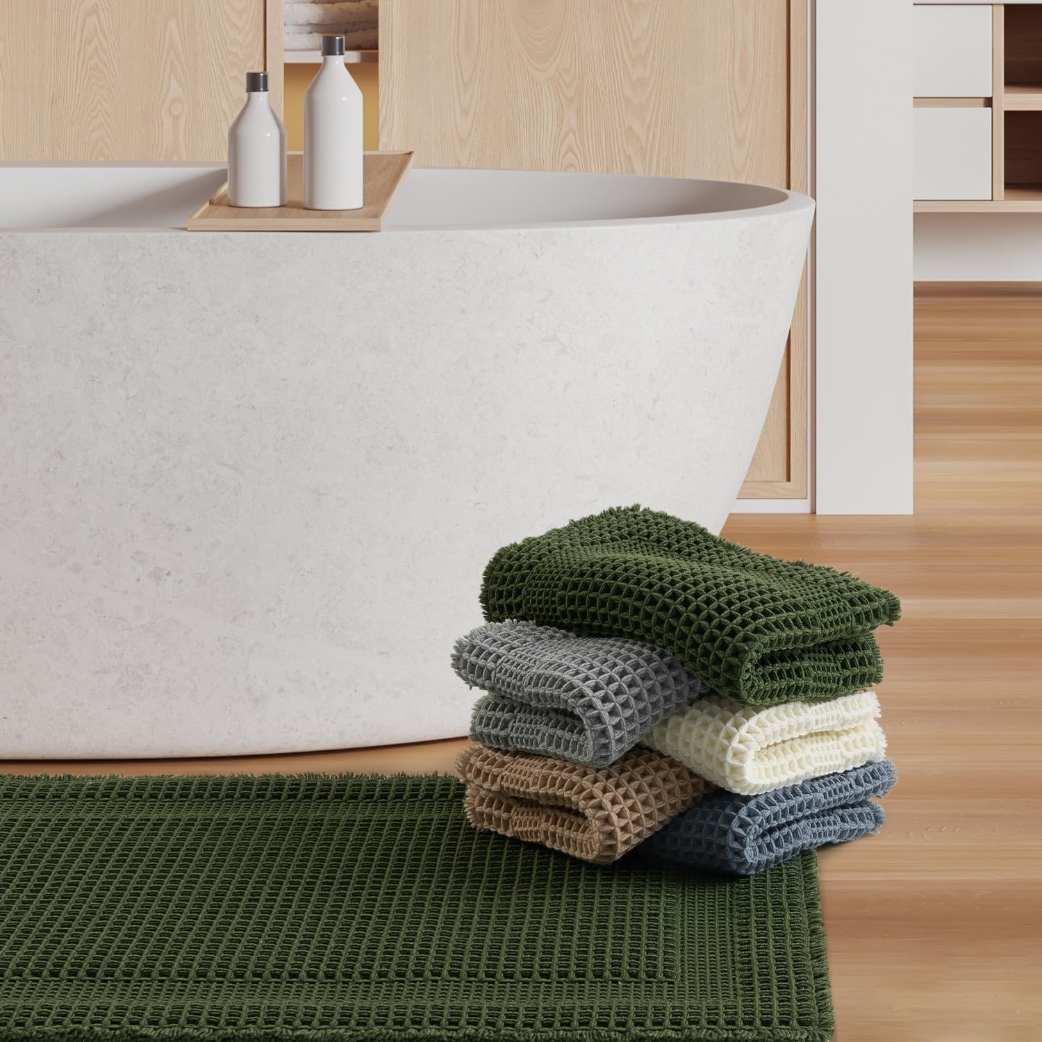 AMOAMI Waffle Bath-Mat, Absorbent Bath Mats for Bathroom Non Slip, Machine Washable Bathroom Rugs with Tassels Ultra Soft Boho Bath Rugs for Floor 17"x24" Dark Green - Image 7