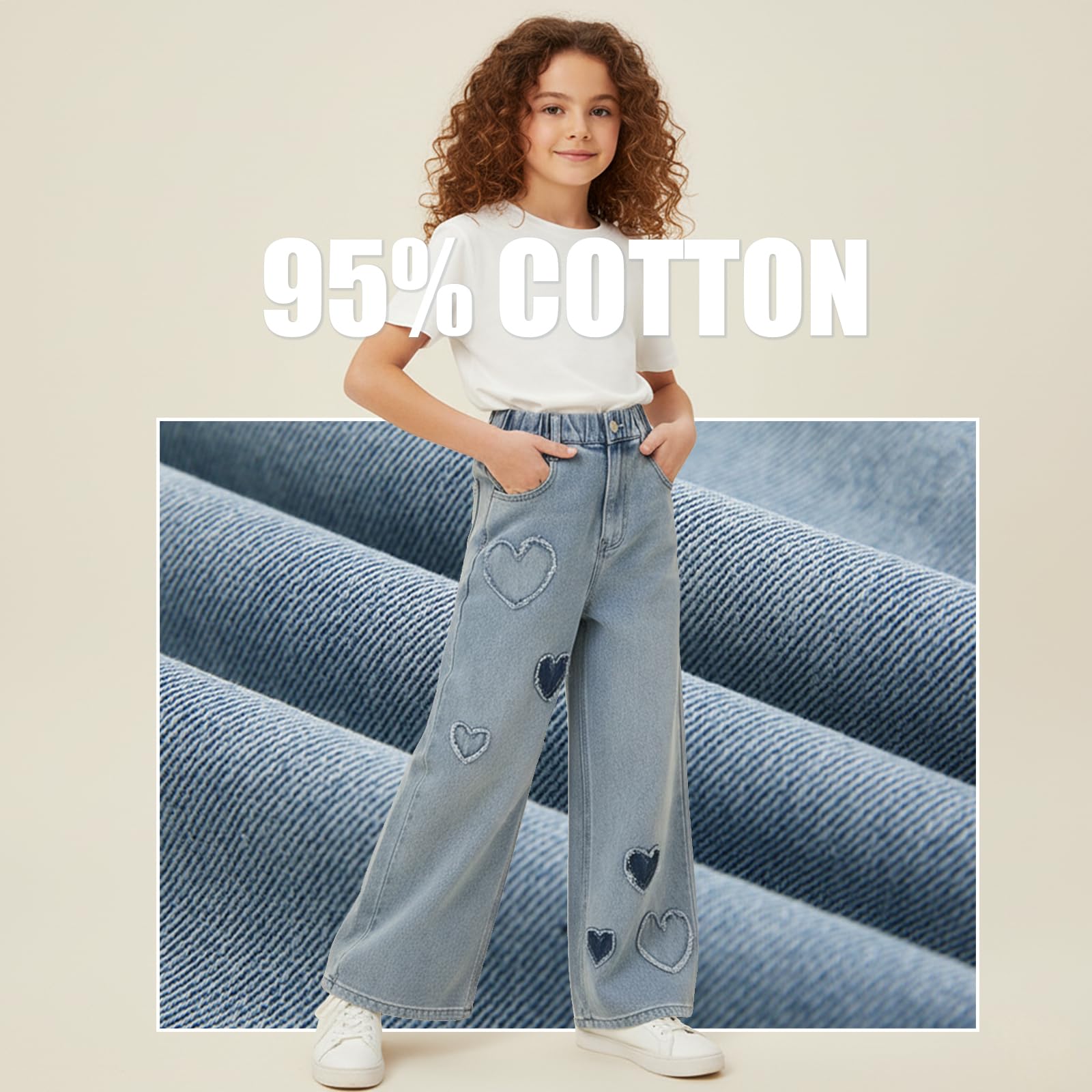 Jeans larghi a gamba larga da ragazza, pantaloni elasticizzati in denim a vita alta, casual, pantaloni hip hop a forma di cuore sciolto per bambini dai 6 ai 15 anni