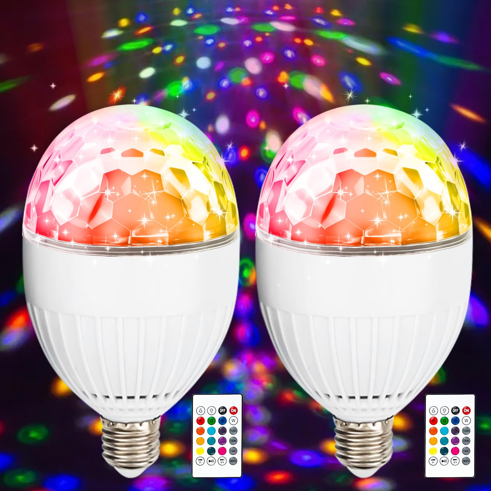 Leikurvo 2x Bolas de Discoteca LED RGB E27 de 5W, Bombilla Discoteca Giratoria de 360°, Luz LED para Fiestas con Control Remoto, Fuente de Luz para Decoración de Fiestas de Cumpleaños