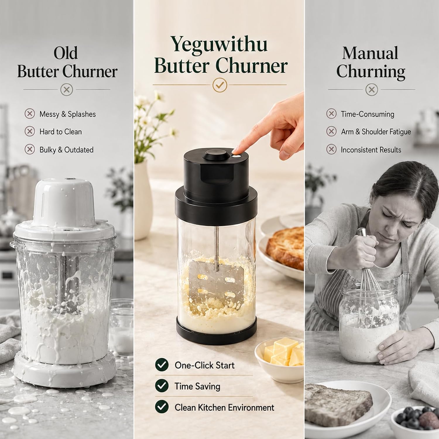 Electric Butter Churner – One-Touch Butter Maker in 5–10 Mins, 61oz Glass Jar with High-Speed Brushless Motor, High-Speed Mixing for Creamy Results