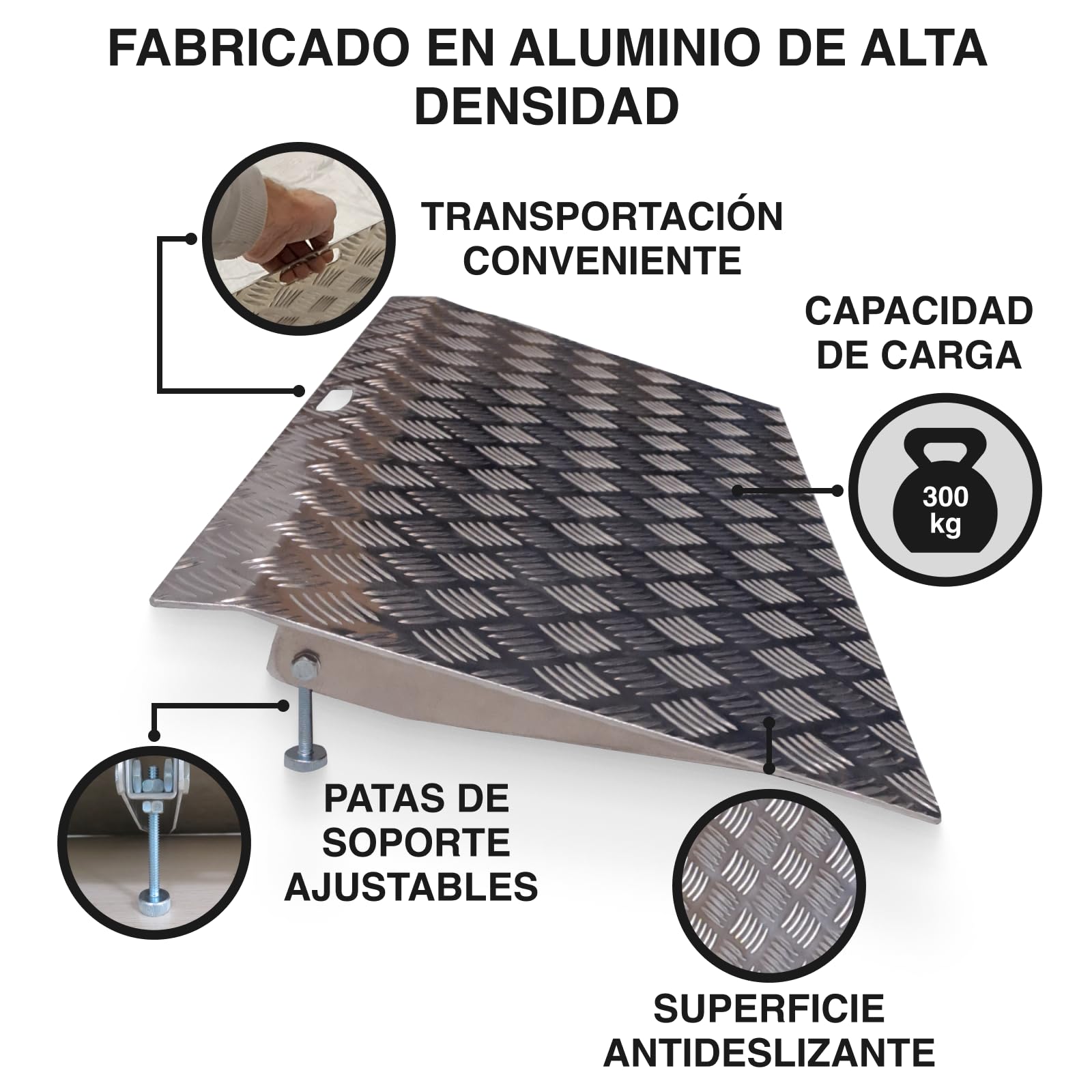 Rampa Umbral Rígida para Sillas de Ruedas Plataforma de Carga Altura Variable Regulable Superficie Antideslizante Aluminio Anodizado 1TR90