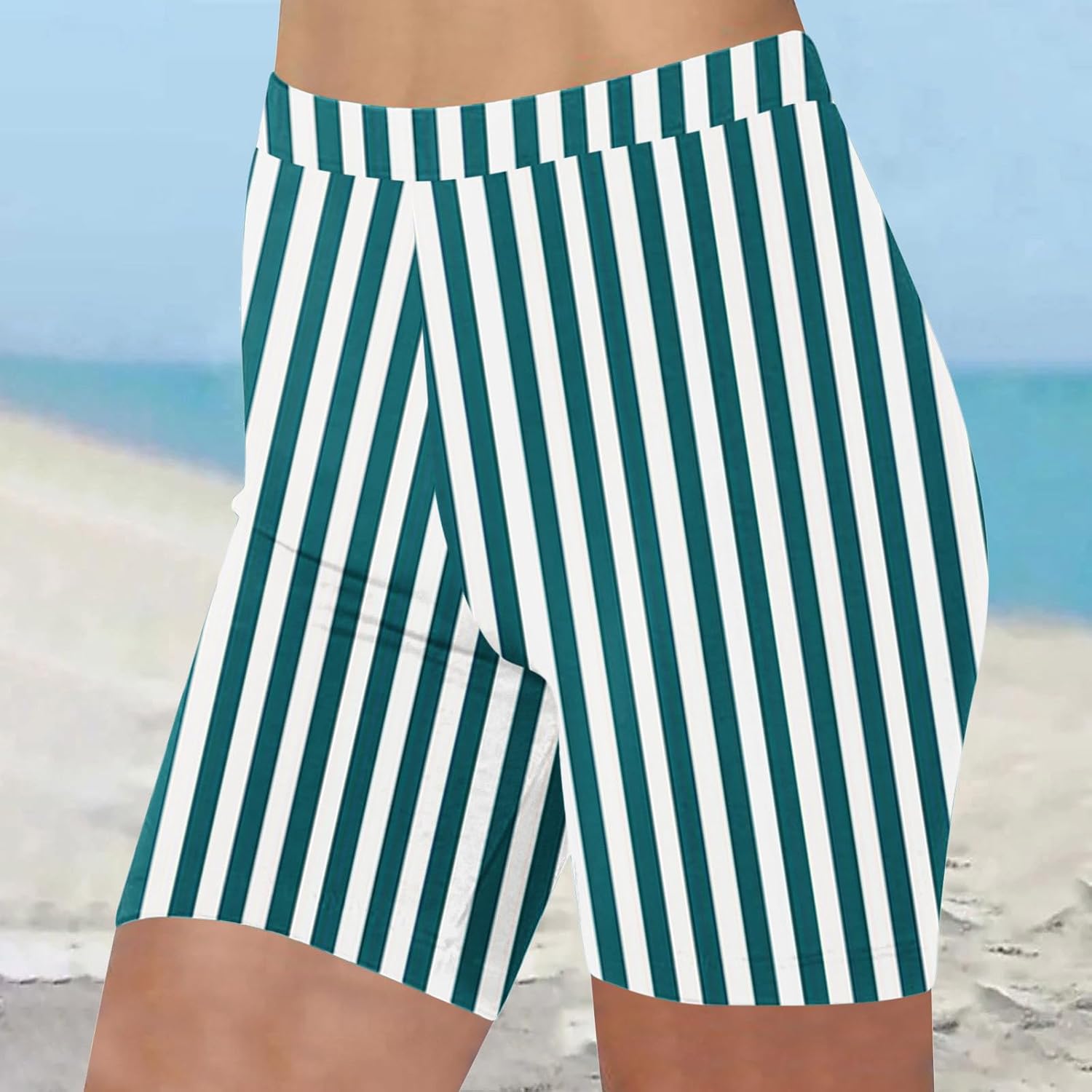 Shorts for Women Vertical Striped Casual Elastic High Waisted Knee Length Short Pants Summer Beach Vacation Bottoms