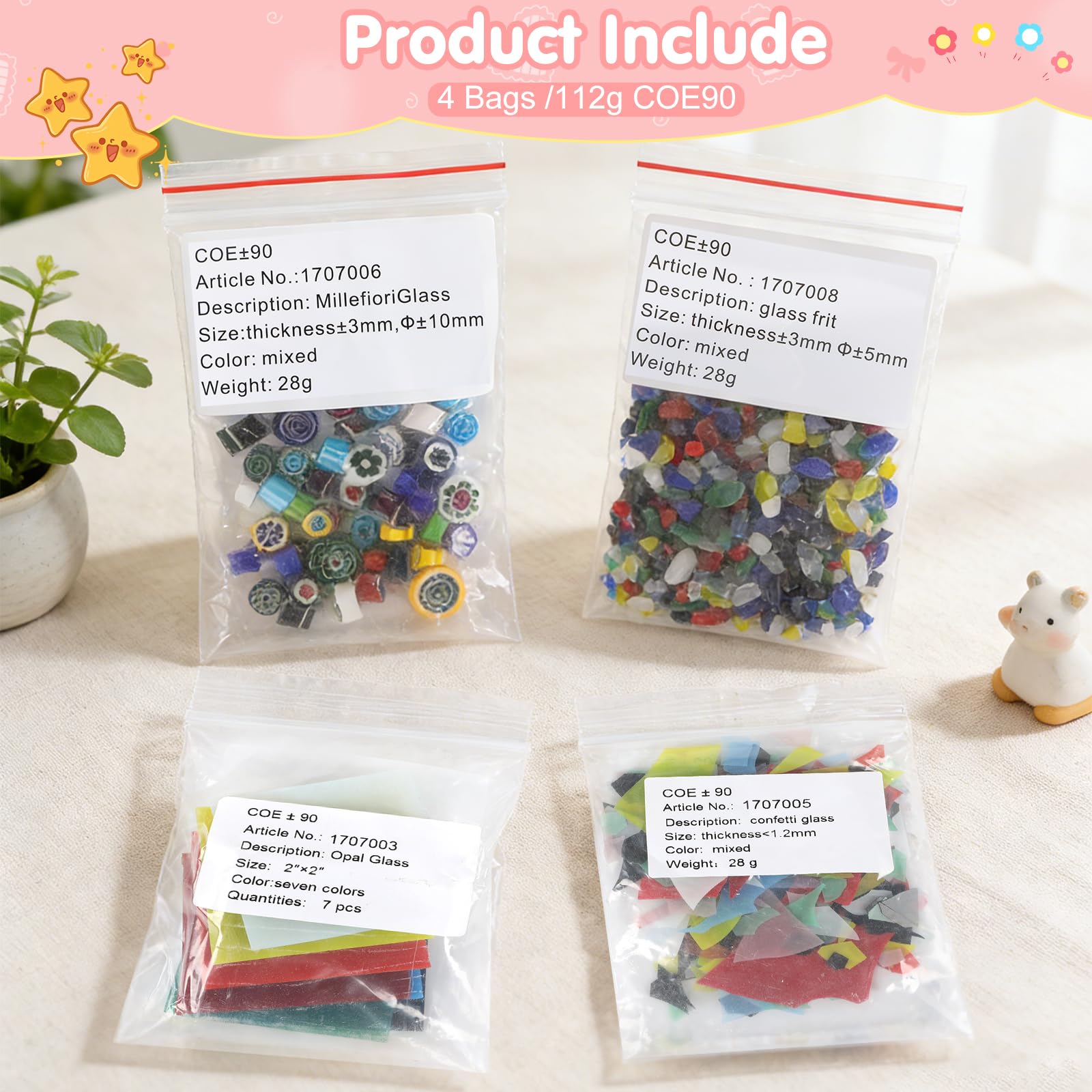 4 Beutel (112g) COE90 Farbglas für Mikrowellenofen, Millefiori-Glas, Grobes Glasfrit, Confetti Glas, verschiedene Glasreste, ideal für DIY-Projekte, Mosaik- & Schmuckherstellung sowie Glasmalereien