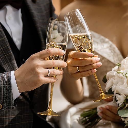 Miniatura 5 de Juego de cuchillos y servidores dorados para tartas de boda, copas de champán de boda, regalos de compromiso, copas de tostado para pareja, novia y