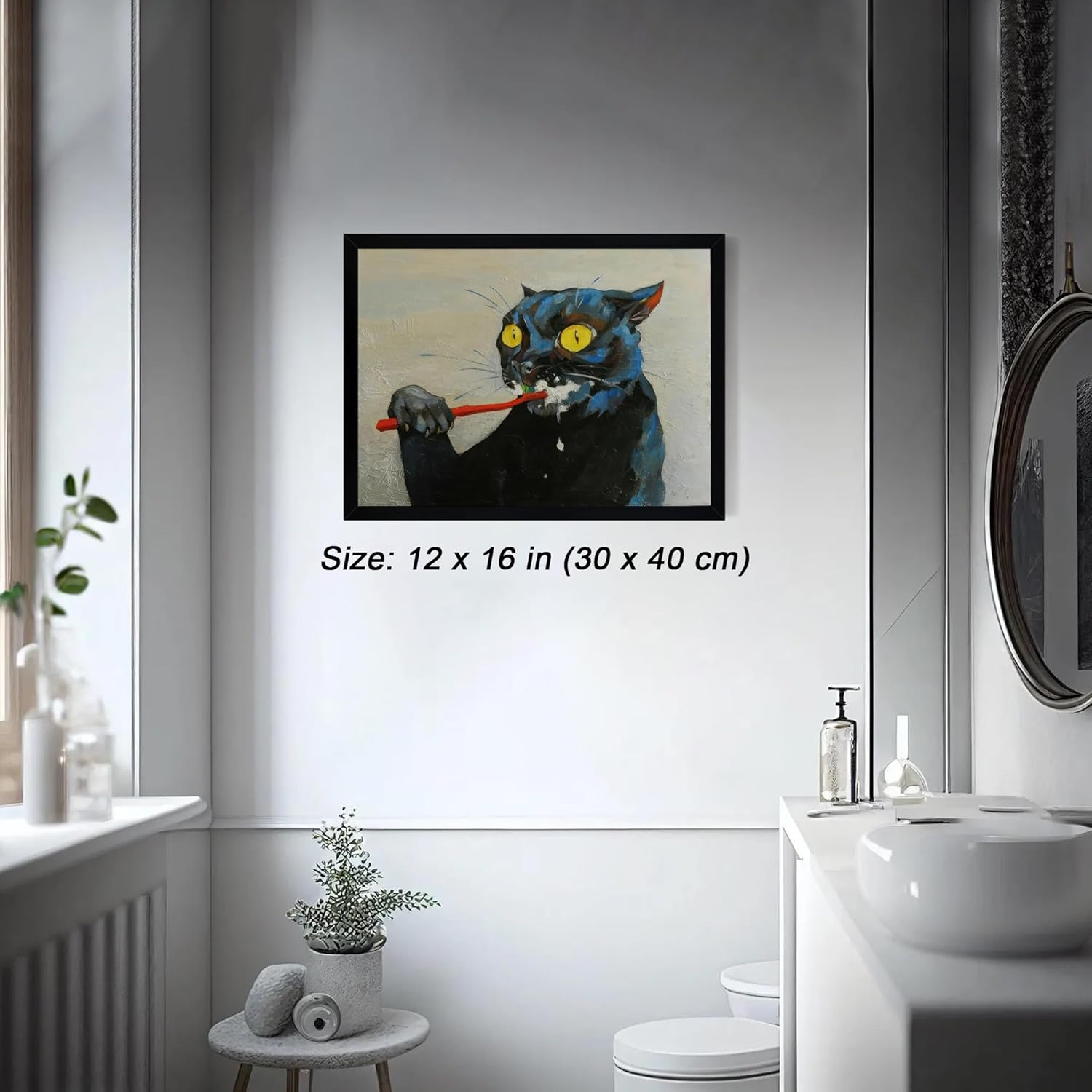 ICHZUMW Funny Black Cat Bathroom Wall Art Decor, Quirky Framed Canvas Print Painting of Cat Brushing Teeth, Humorous Animal Pictures Wall Decoration, Modern Home Artwork, Restroom Powder Room, 12x16in