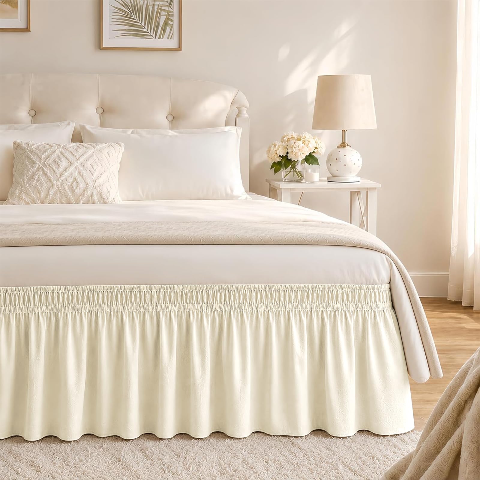 RIMELA Butter Yellow Bed Skirt Queen Size 18 Inch Drop, Elastic Bed Skirting for Bed Base and Frame, Bedding Dust Ruffle Easy to Install, Lightweight Wrap Around Adjustable Bedskirt