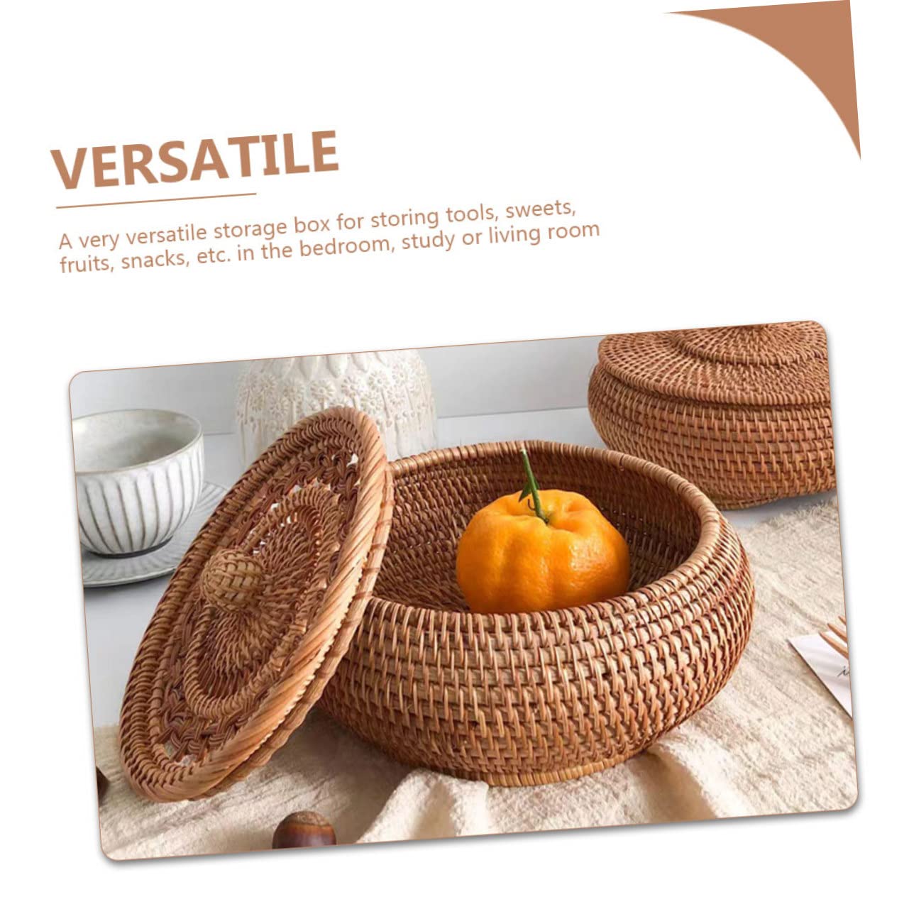 Caja de Almacenaje de Ratán Trenzado con Tapa Cesta Decorativa Artesanal para Dulces Frutas y Snacks para Escritorio y Cocina