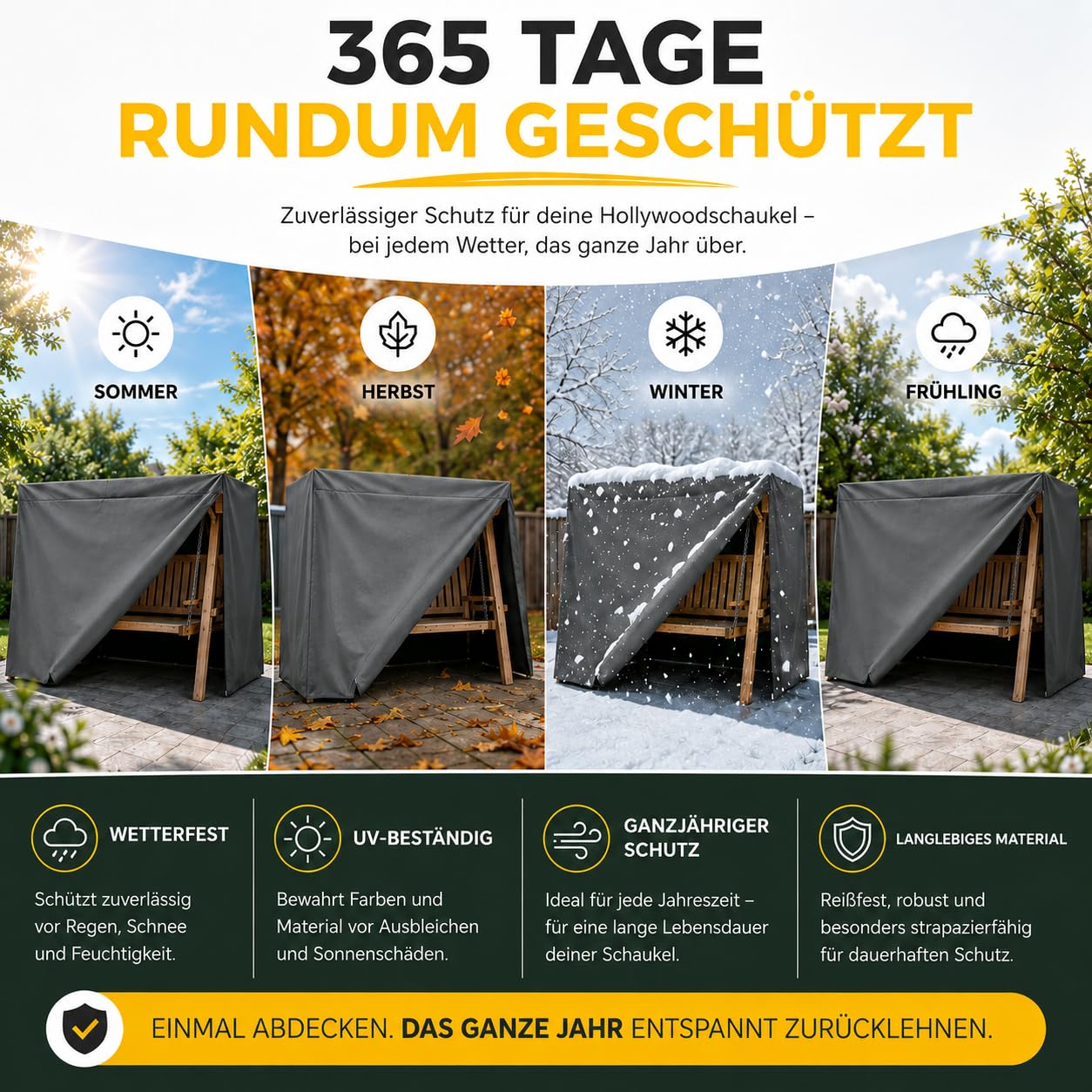 Hollywoodschaukel Abdeckung für 2,3,4-Sitzer, Schutzhülle wasserfest & Winddicht & UV-Schutz - reißfeste Plane Gartenschaukel & Schaukelbank - 210 x 150 x 150cm