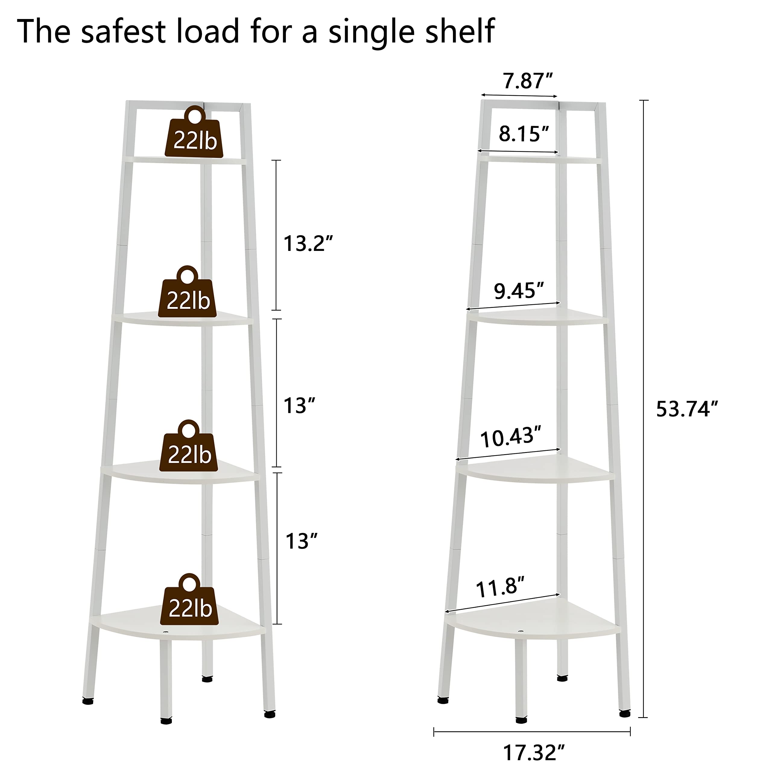 Hoctieon Corner Shelf, 4-Tier Corner Bookshelf, Rustic Corner Ladder Shelf, Industrial Display Shelf for Living Room, Kitchen, Home Office, Balcony, Small Space, Metal Frame, White