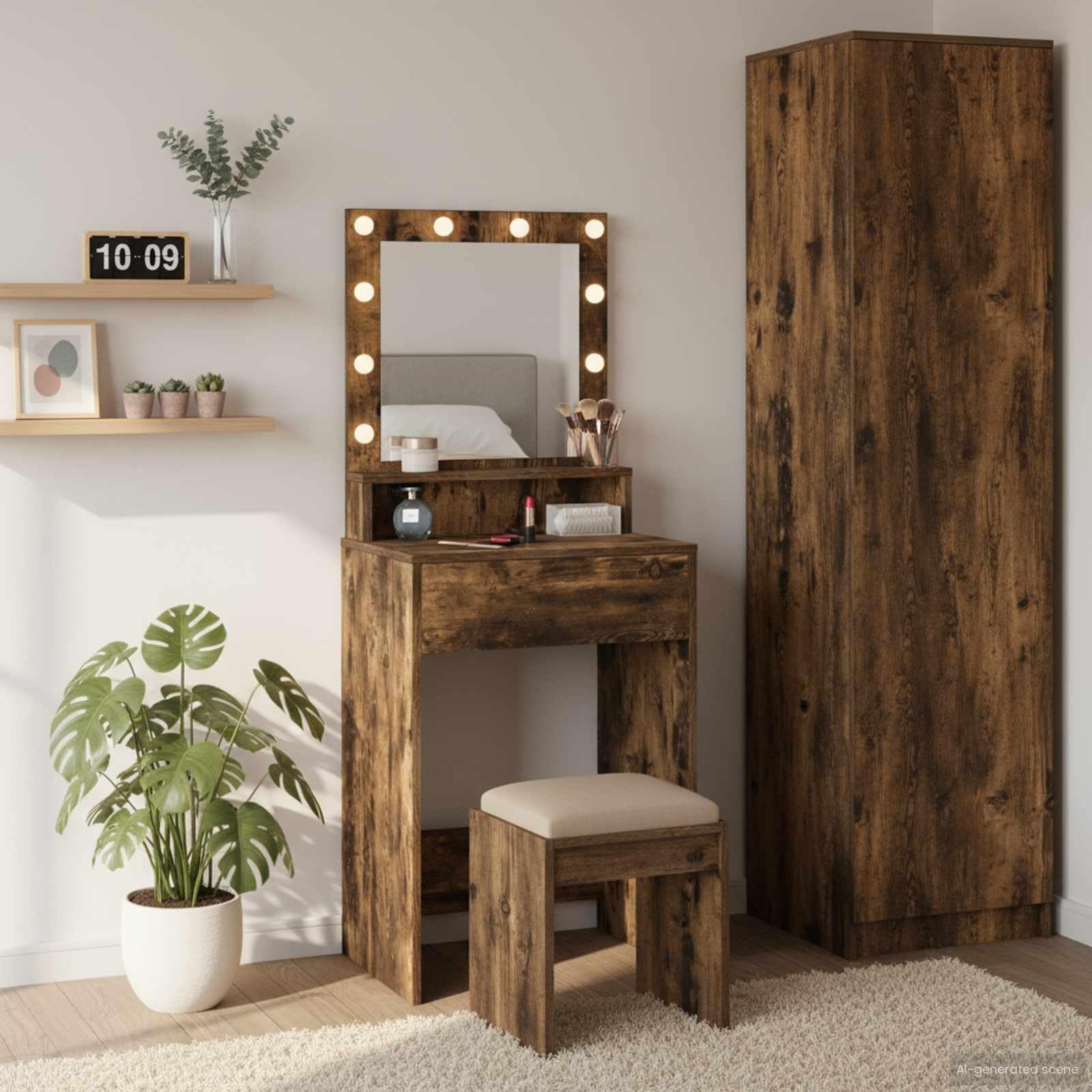 Tavolo da trucco rovere fumé 50 x 41 x 135 cm in legno ingegnerizzato con luci LED USB specchio piano e ripiani per cosmetici, mobiletto salvaspazio per camera da letto e spogliatoio donna