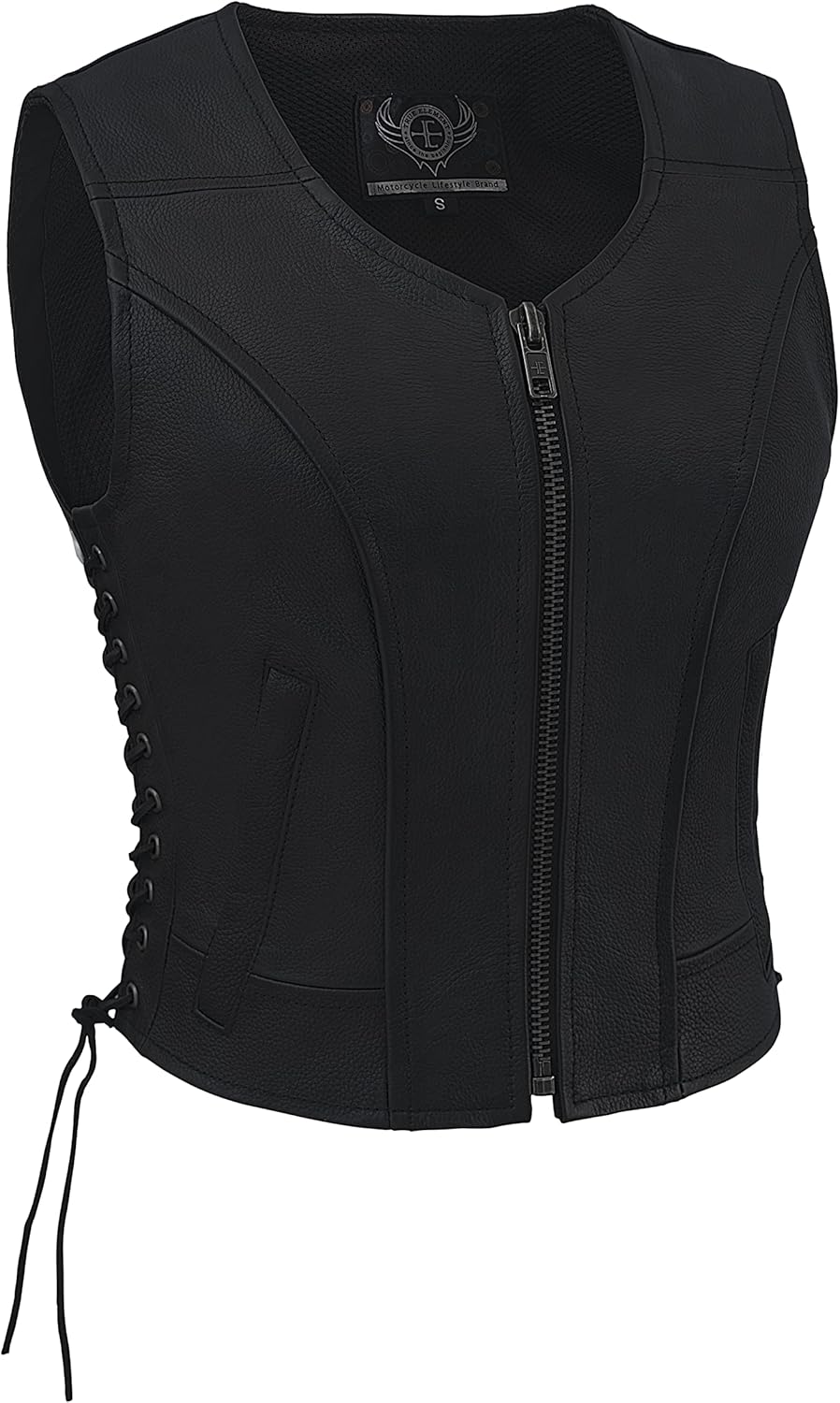 True Element Women's Fitted Side Laced Motorcycle Leather Vest with Zip Front Closure (Black, XS-3XLarge)