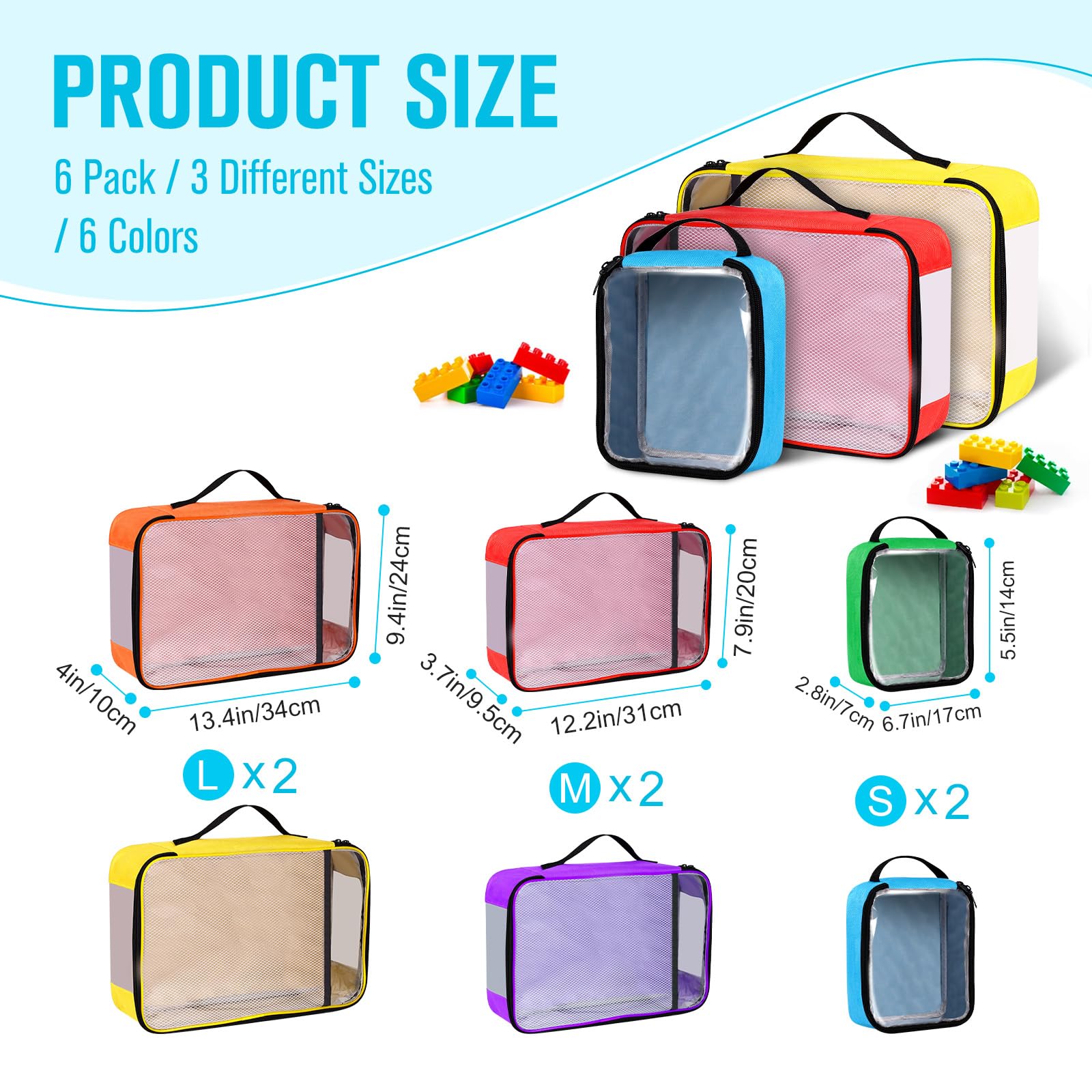 6 Pack Toy Storage Bags, Reusable Board Game Storage Bag with Visible Top, Label Slot, Manual Pocket&Handle, Travel Organizer Case for Bricks, Building Blocks, Puzzle, Car Toys, 3 Different Size