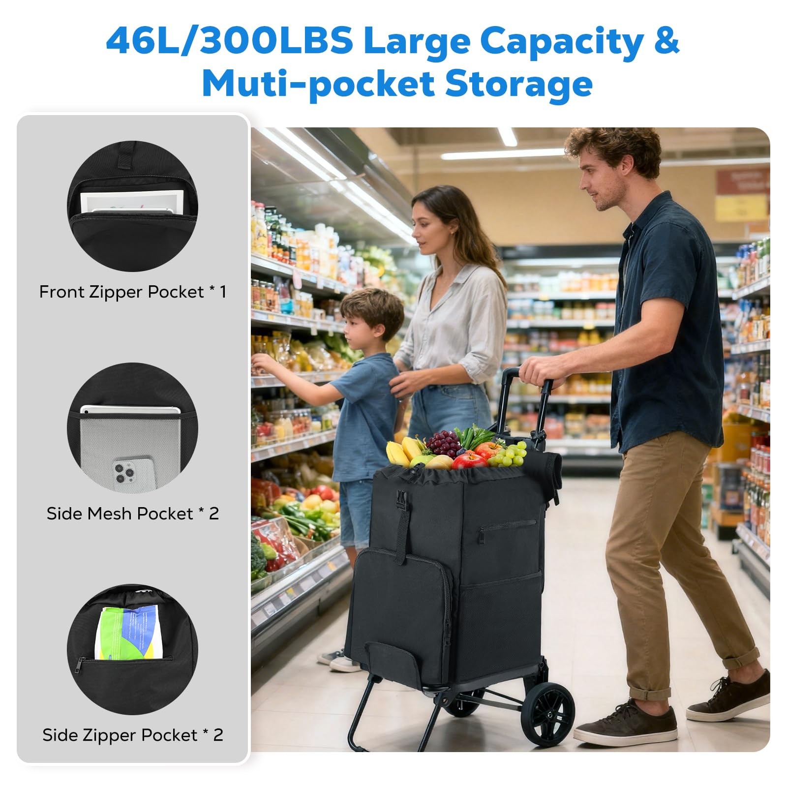Housolution Einkaufstrolley Klappbar, 46L/136KG Kapazität Einkaufswagen Einkaufstasche mit Rollen, 2 in 1 Faltbarer Sackkarre Hackenporsche für Einkäufe und Reisen