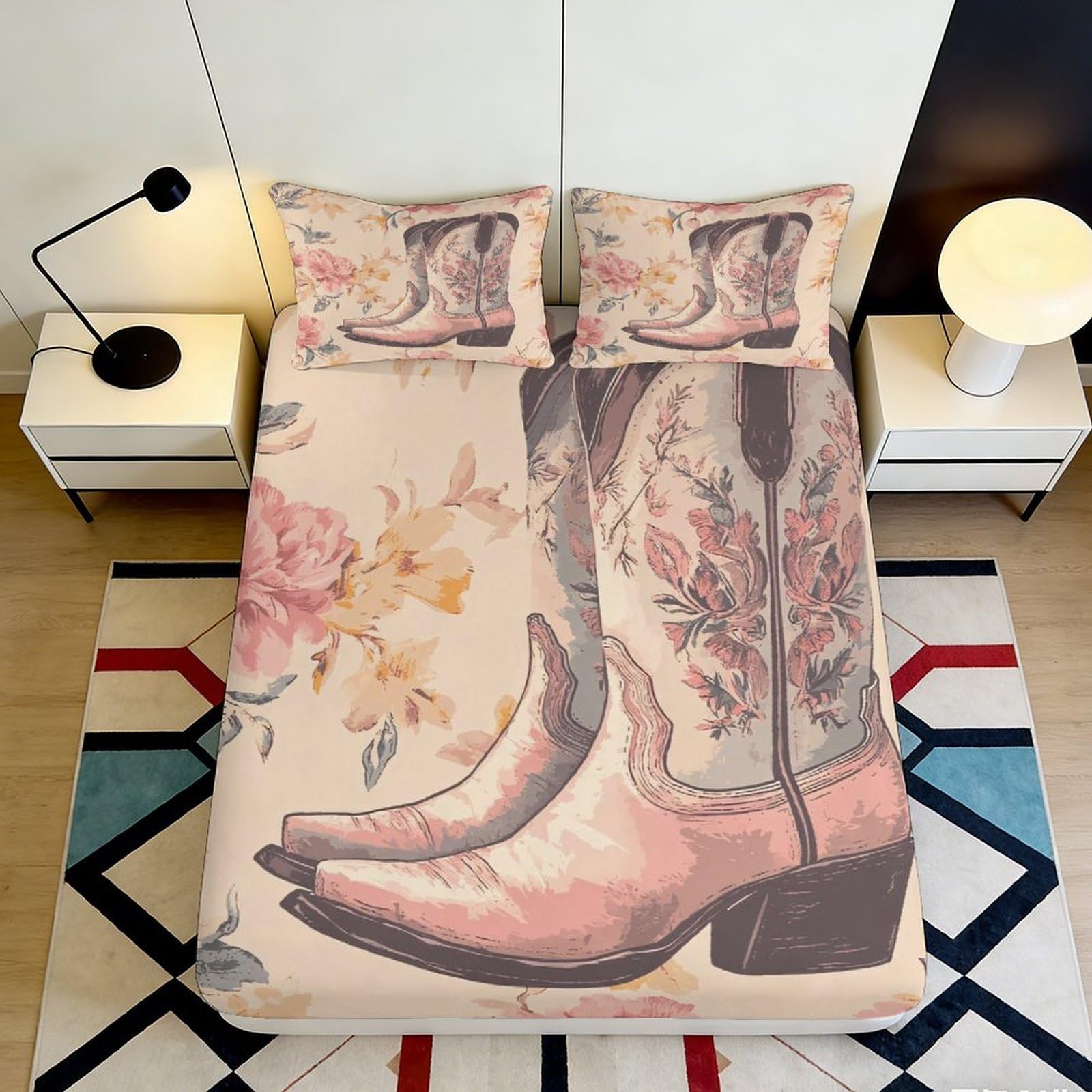 3D Printed western boots Fitted Sheet, Microfiber soft touch, floral Bed Cover, home decor, wrinkle resistant, apartment bedding 120x200x25cm