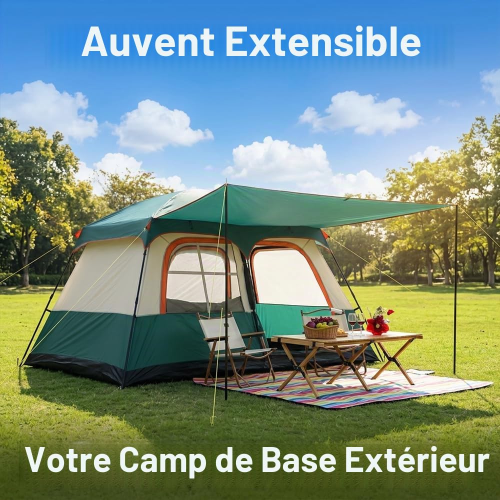 Tente familiale pour 4 personnes, tente tunnel avec 2 cabines de couchage et auvent, montage rapide en 10 min, tente de camping étanche 3000 mm avec UPF 50+, tente légère pour camping familial et