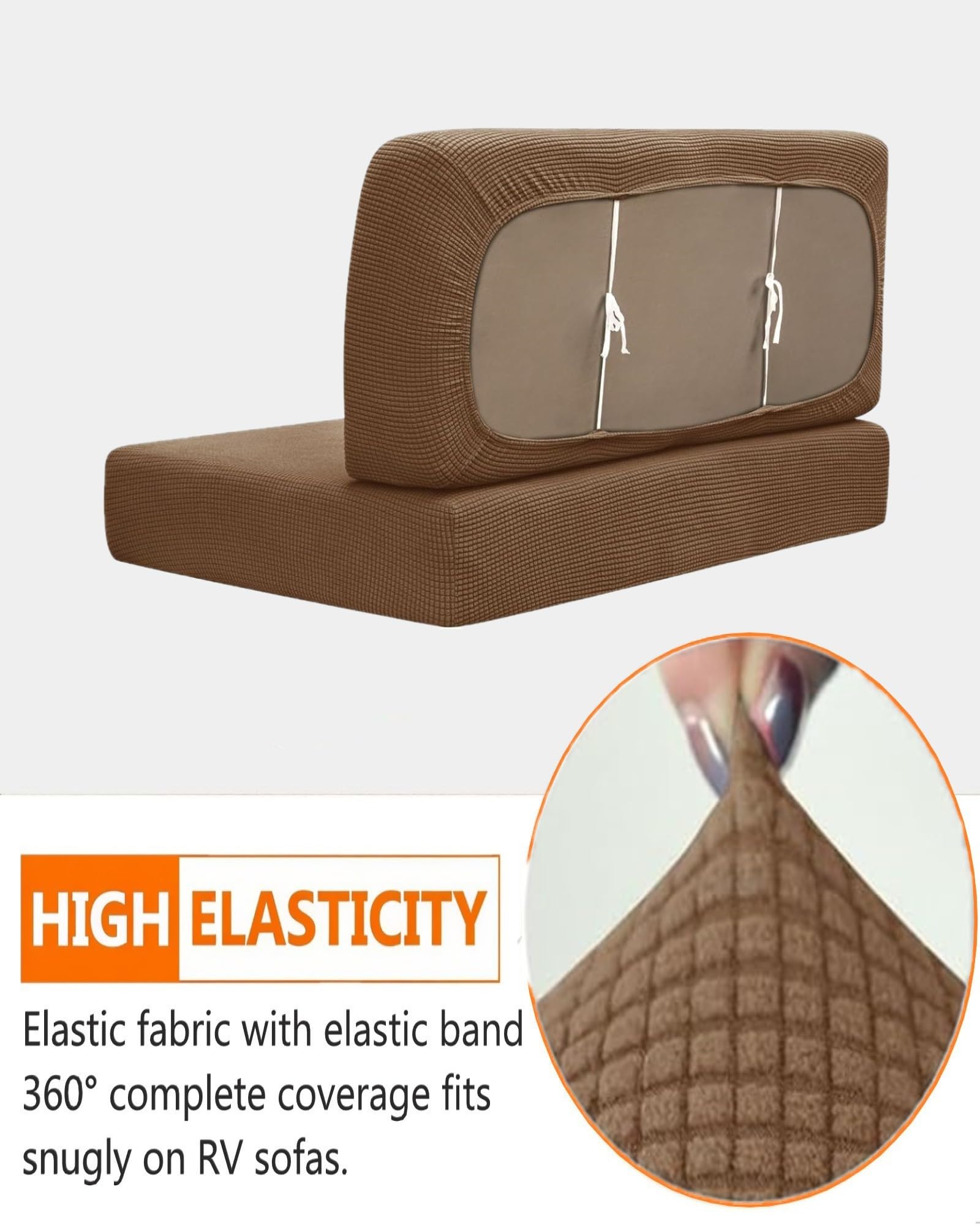 Housse De Coussin De Siège De Caravane, 2 Pièces (1 Set) Élastique Hydrofuge Lavable Housse Banquette RV Housses De Canapé pour Dinette De Camping-Car (Treillis, Couleur Café)