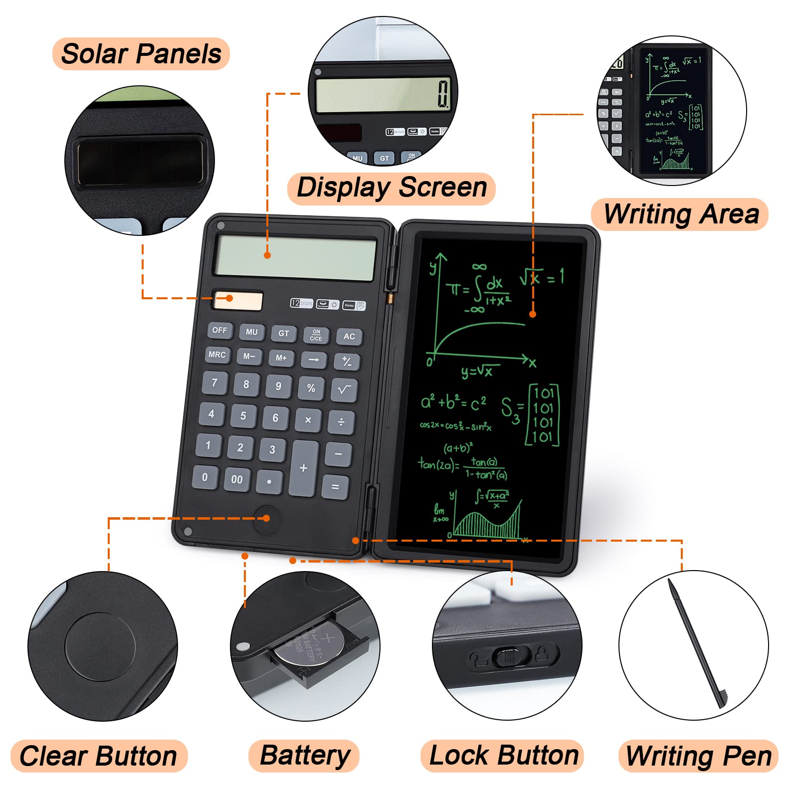Tablette d'écriture LCD Effaçable Calculatrice Bureau 12 Chiffres Solaire Batterie Double Alimentation Poche Noir