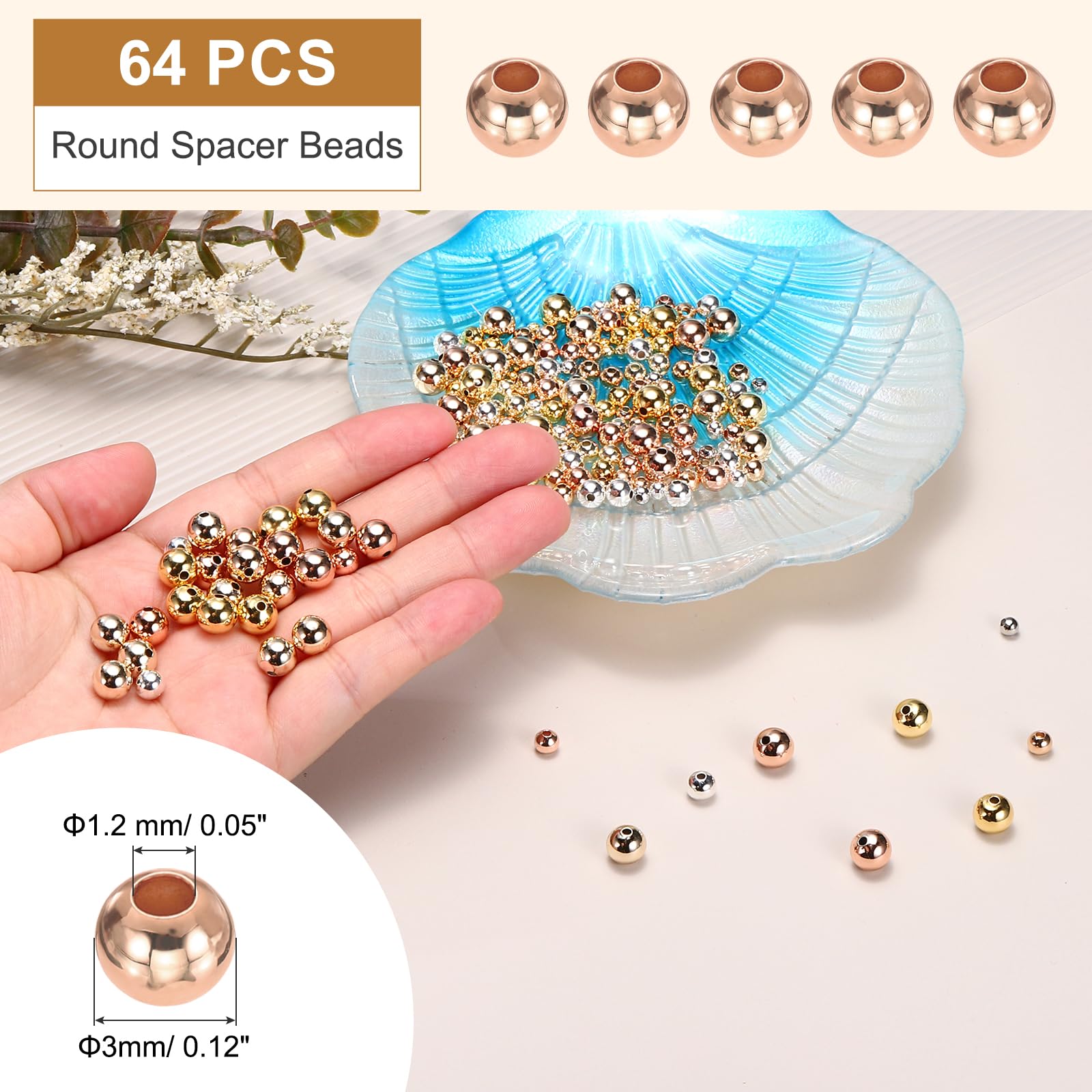 PATIKIL Rose Gold Filled Spacer Beads, 64Pcs 3mm Metal Smooth Round Ball Beads for Bracelet Jewelry Making Necklace DIY - Image 2