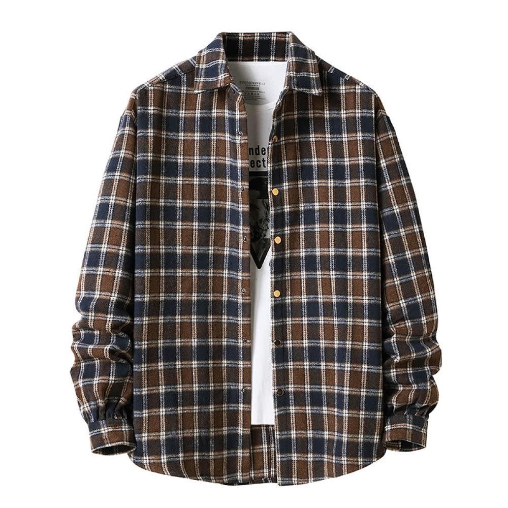 HGJH Herren Flanellhemd, Herren Langarm Flanellhemd Thermohemd Gitter Kaffee Farbe Hemd Button-Down Baumwolle Holzfäller Bequem Karierte Hemdjacke Lässiges Arbeitshemd Für Männer Jungen