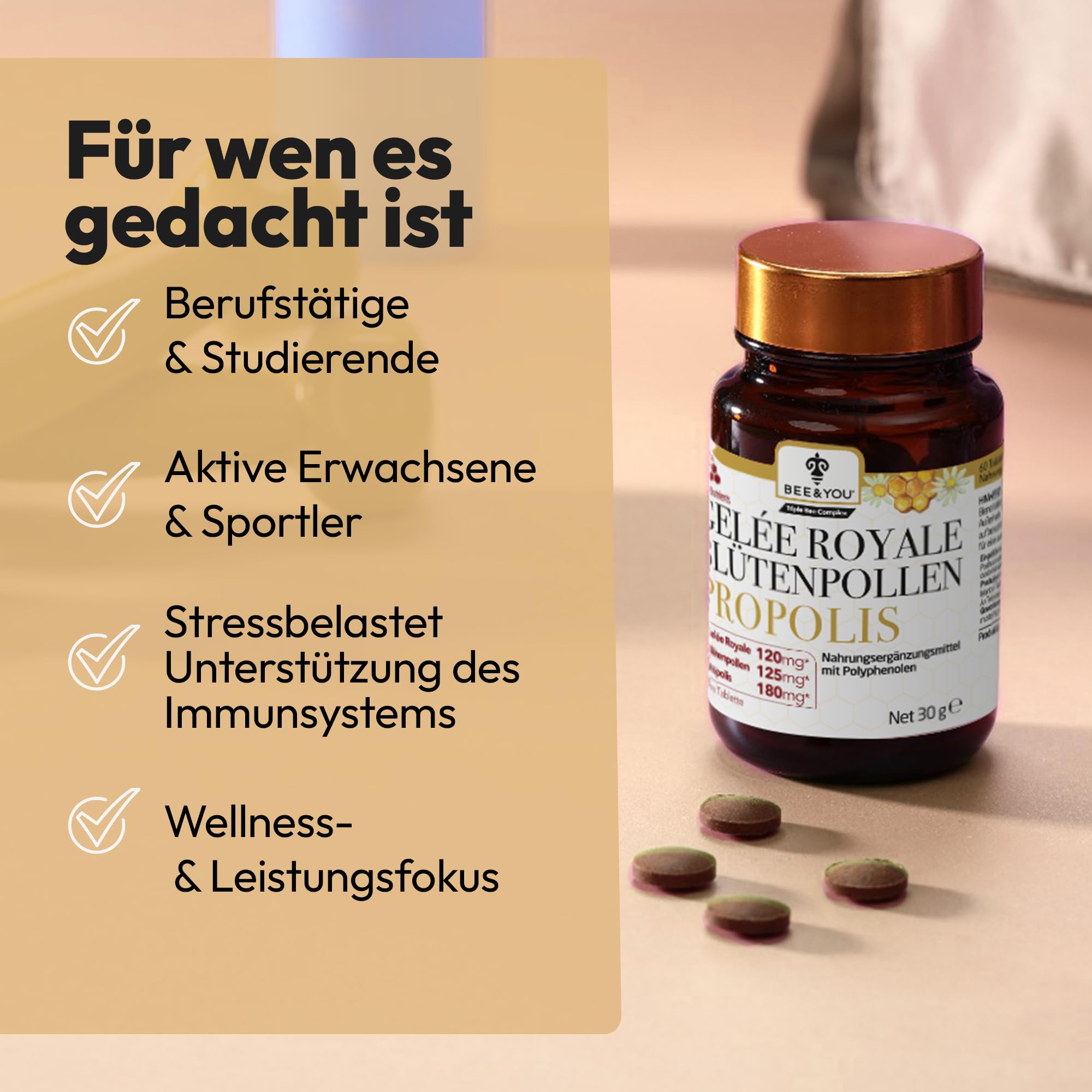 Bee&You Propolis,Gelée Royale,Blütenpollen Tabletten 500mg (60 Tabletten,Keine Zusatzstoffe,Fairer Handel,100% natürlich,ohne Zusatzsstoffe,hochdosiert, Schutzharz der Bienen,Kapseln,lange haltbar)