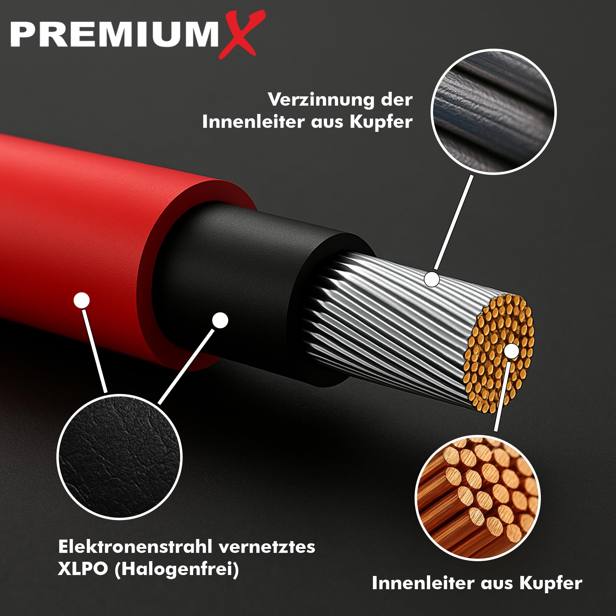 PremiumX Cavo Solare 50m 6mm² H1Z2Z2-K - Cavo Solare 1500V CC - Rame stagnata - Resistente agli UV e flessibile - Cavo PV per impianto solare, modulo, inverter - Rosso