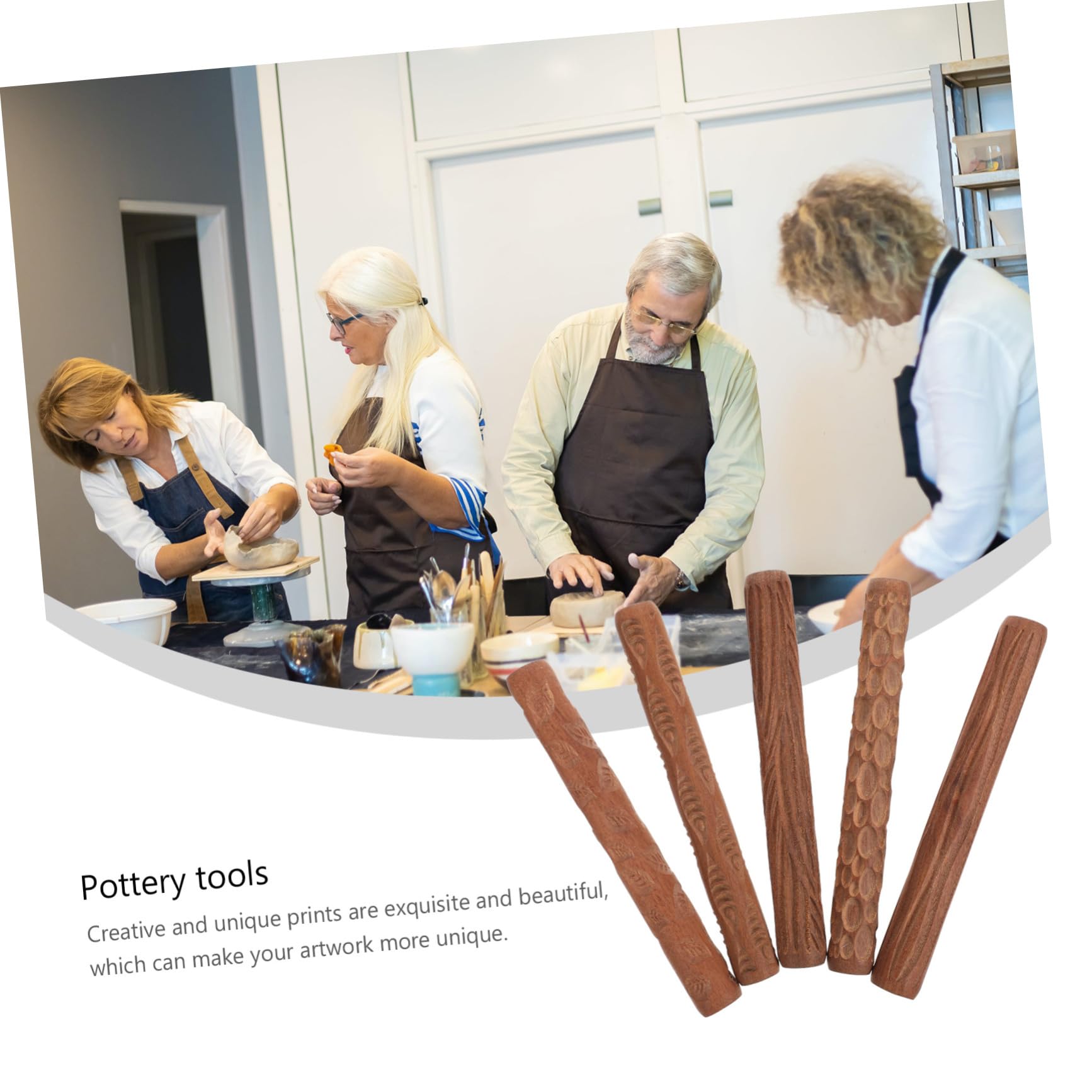 Kit 5 Rulli per Modellare Argilla in Legno Motivi Stampati, Utensili Artigianali per Ceramica Fai da Te, Impugnatura Comoda e Riutilizzabile, per Lavorazione Argilla e Creazioni Artistiche
