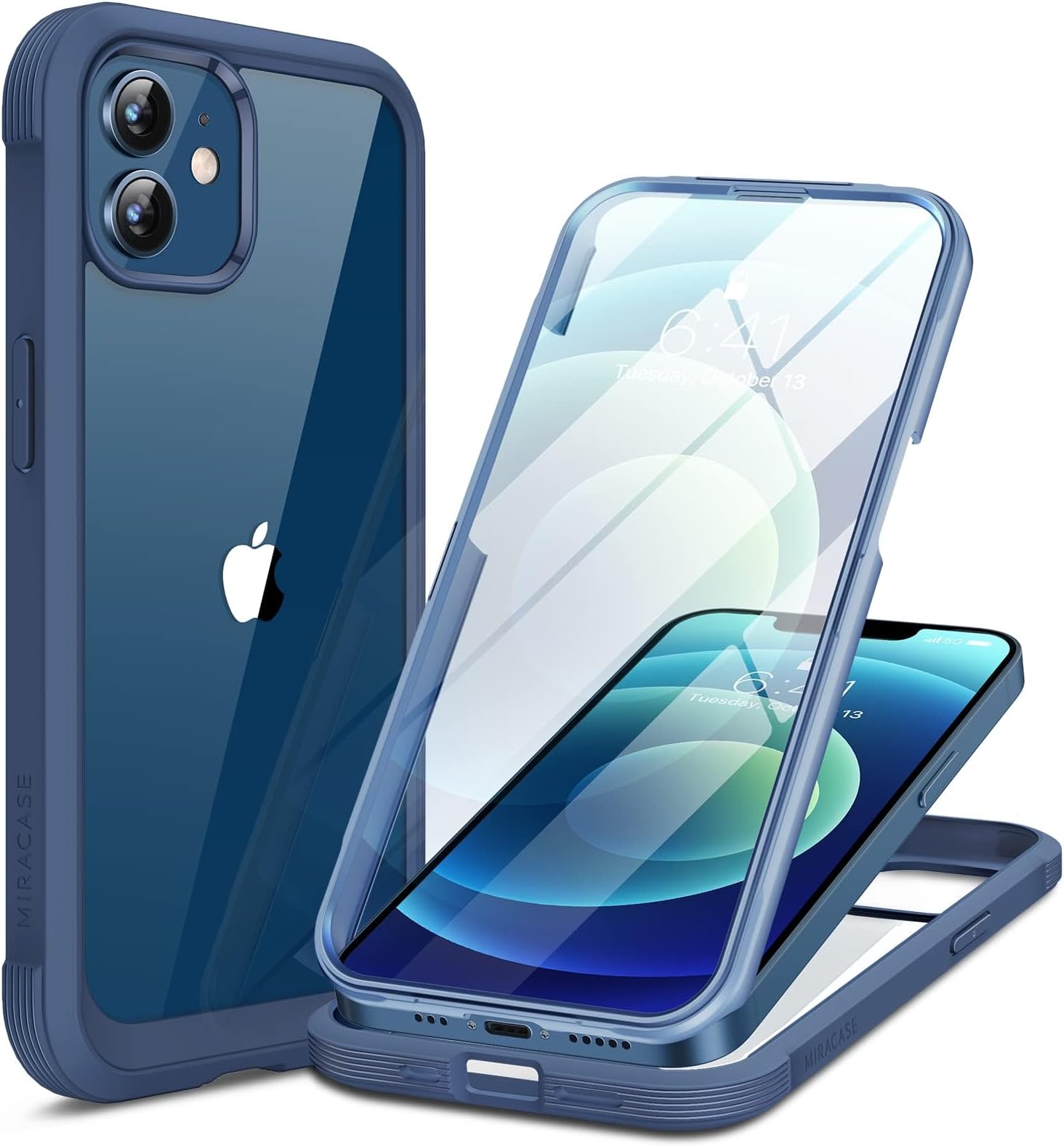 Miracase Compatible with iPhone 12/12 Pro Case 6.1 inch, [Built-in Glass Screen Protector] Full Body Rubber Bumper Case Cover (Dark Blue)