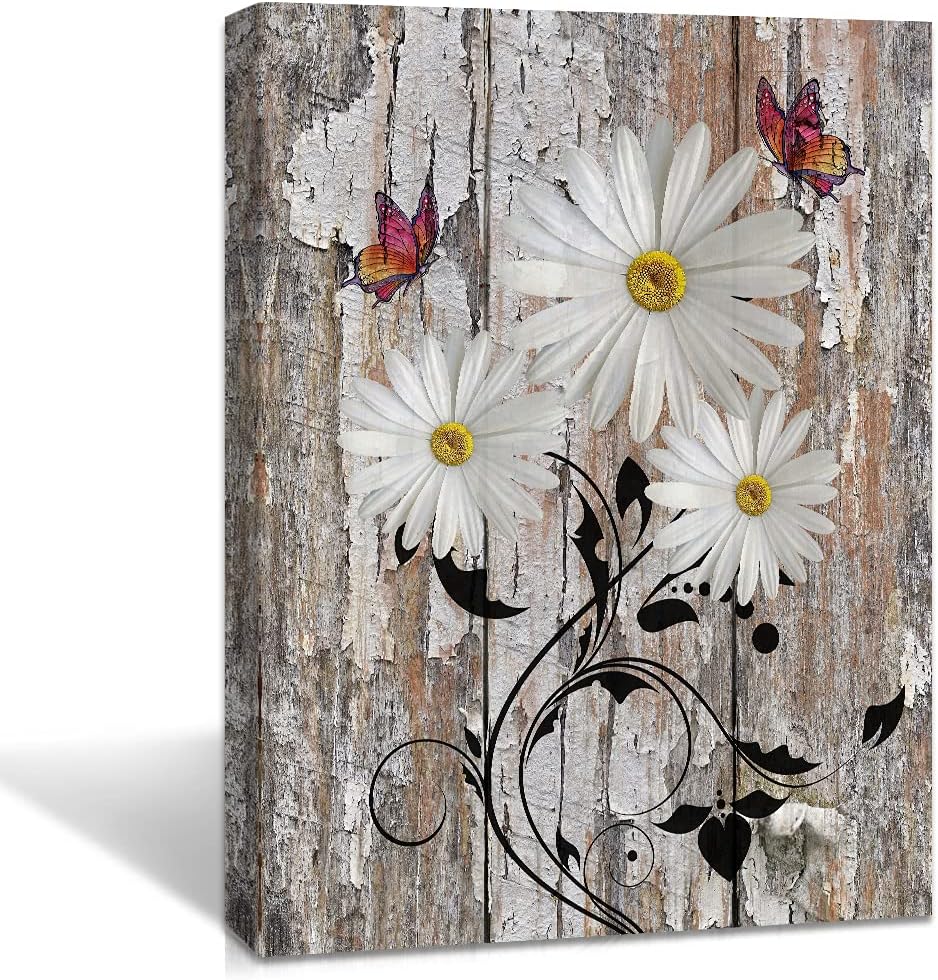 Flowers Butterfly Painting Wall Art White Chrysanthemum flower Picture Canvas print Wood Backgound Framed Artwork for Home Office Farmhouse Living Room Decoration, 12