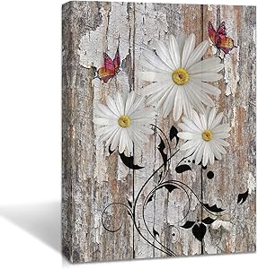 Flowers Butterfly Painting Wall Art White Chrysanthemum flower Picture Canvas print Wood Backgound Framed Artwork for Home Office Farmhouse Living Room Decoration, 12