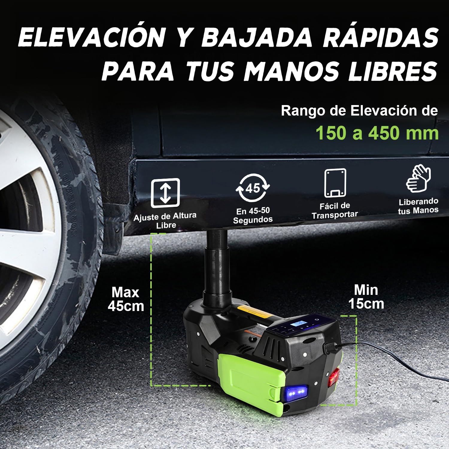 VOBOR Gato Eléctrico para Coche, 5T Gato Hidráulico 12V con Luz LED e Inflador, 155-450 mm Juego de Gatos Elevador para Automóvil, SUV, Sedán