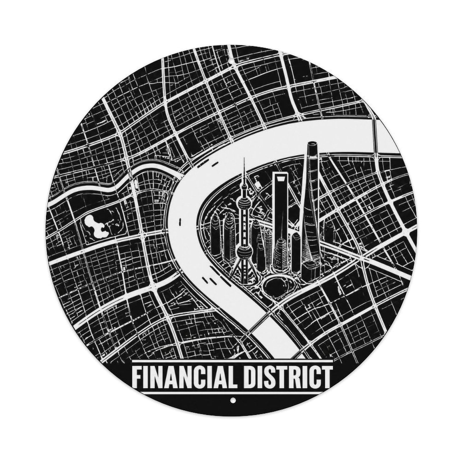 Okngb Style Financial District Shanghai Contour Lines River Grid Metal Tin Sign Plaque Wall Decor For Cafe, Man Cave, Club Bar, Office, Home Garden Round Metal Poster 8X8inch