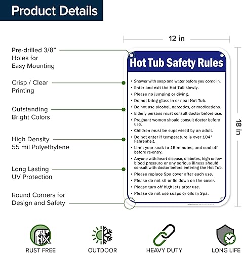Vista 53 de Letrero de reglas de seguridad para bañera de hidromasaje, 10 x 14 pulgadas, libre de óxido, aluminio 040, resistente a la decoloración, fabricado