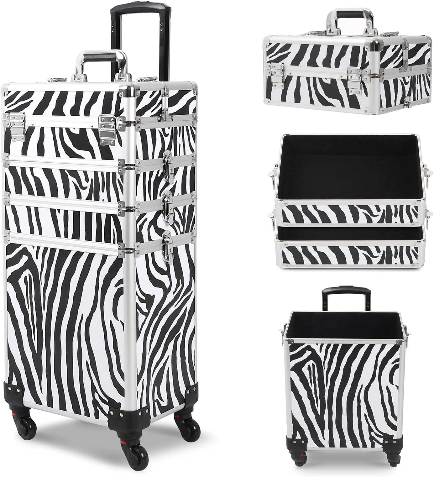 4-in-1 Rolling Train Case, Portable Professional Cosmetic Makeup Travel Case with 2 Keys & 4 Swivel Wheels Cosmetic Trolley Aluminum Artists Jewelry Storage for Make Up Hairstylists Nail Tech