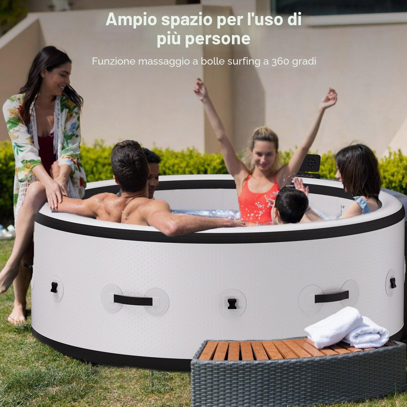 Grande Vasca Idromassaggio Rotonda Portatile per 4-6 Persone, Spa da Esterno con 150 Getti d'Aria, Pompa di Riscaldamento E Copertura Isolante, 81" X 28", per Patio, Giardino E Spazi Aperti